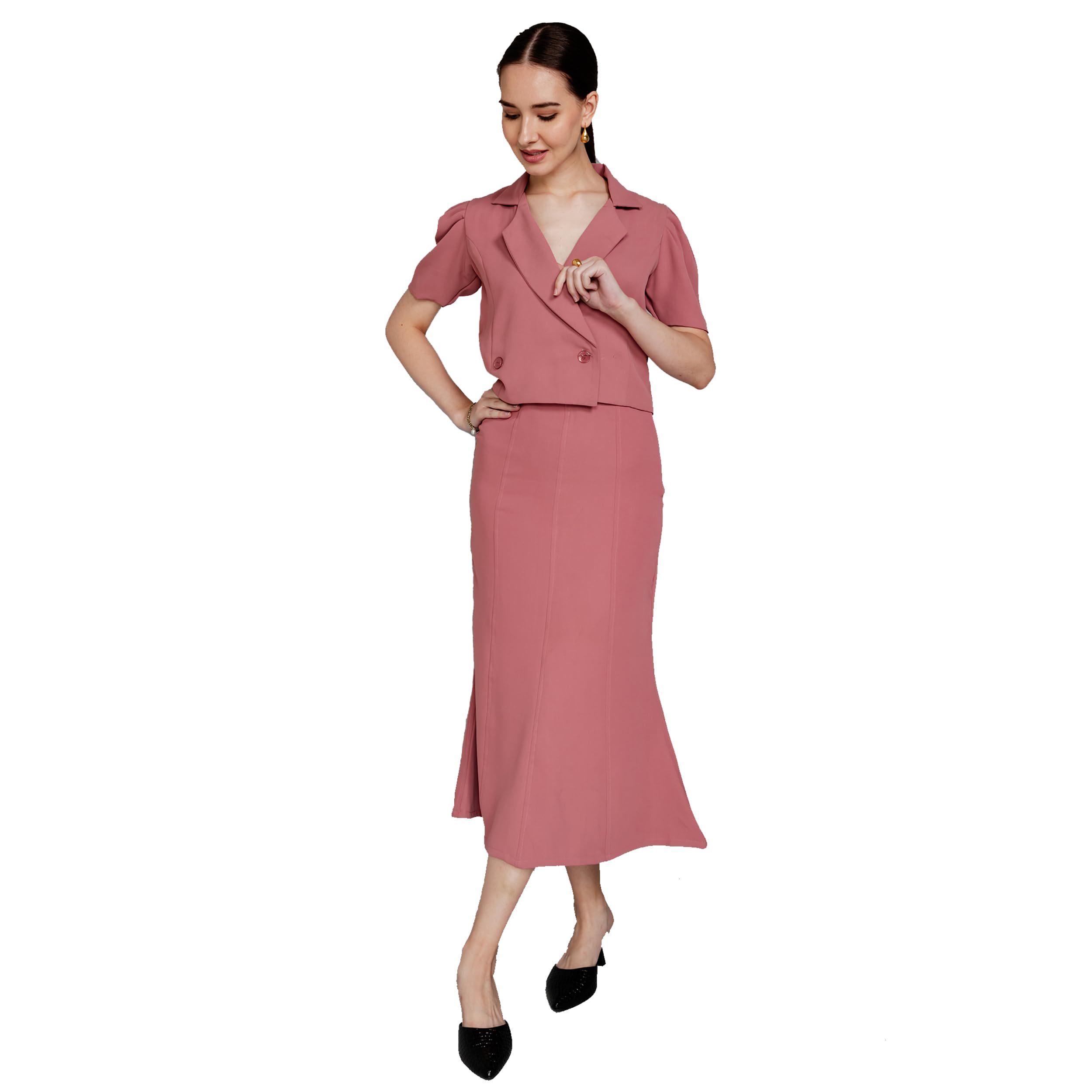 Formal Co ord Set for Women Stylish | Solid Pattern | Poly Satin Fabric | Notch Lapel Collar | Puff Sleeve | Crop Length Blazer Top with Long Skirt | Formal Women Coords Set