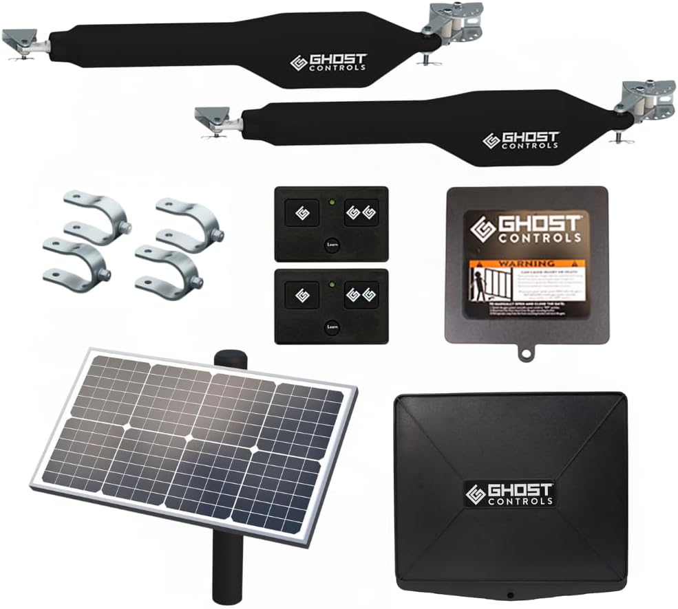 Ghost Controls Heavy Duty Dual Solar Automatic Gate Opener with 30W Solar Panel and Large Battery Box Bundle