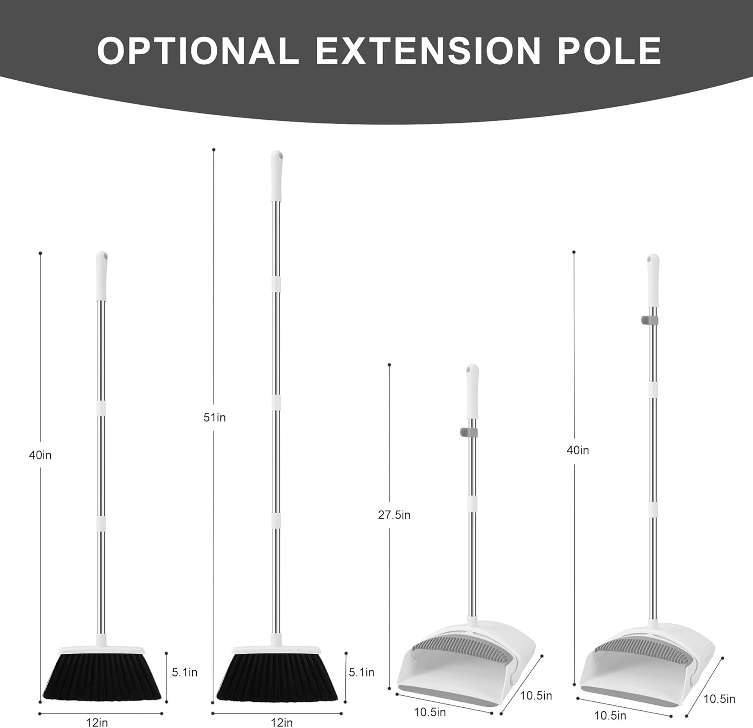 Broom and Dustpan Set, Broom Dustpan Combo Set for Home 52-in Long Adjustable Handle Broom with Dustpan Teeth to Clean Hair for Home Office Kitchen Lobby(White) - Image 2