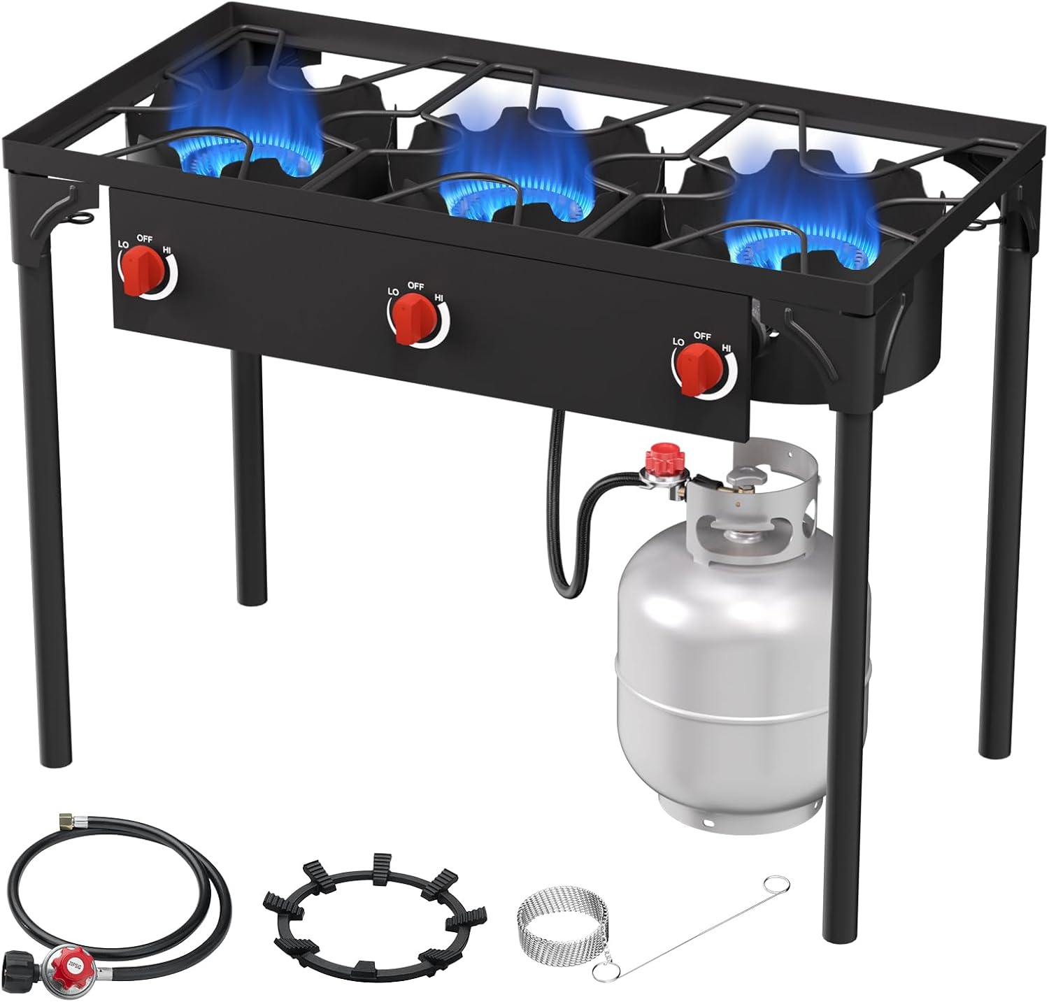 High Pressure Propane Burner, 3 Burner Camping Stove with Detachable Legs, 225,000 BTU Propane Gas Stove Burner with 0-20 PSI Regulator for Camping, Tailgating, Backyard, Outdoor Cooking High Pressure Propane Burner, 3 Burner Camping Stove with Detachable Legs, 225,000 BTU Propane Gas Stove Burner with 0-20 PSI Regulator for Camping, Tailgating, Backyard, Outdoor Cooking