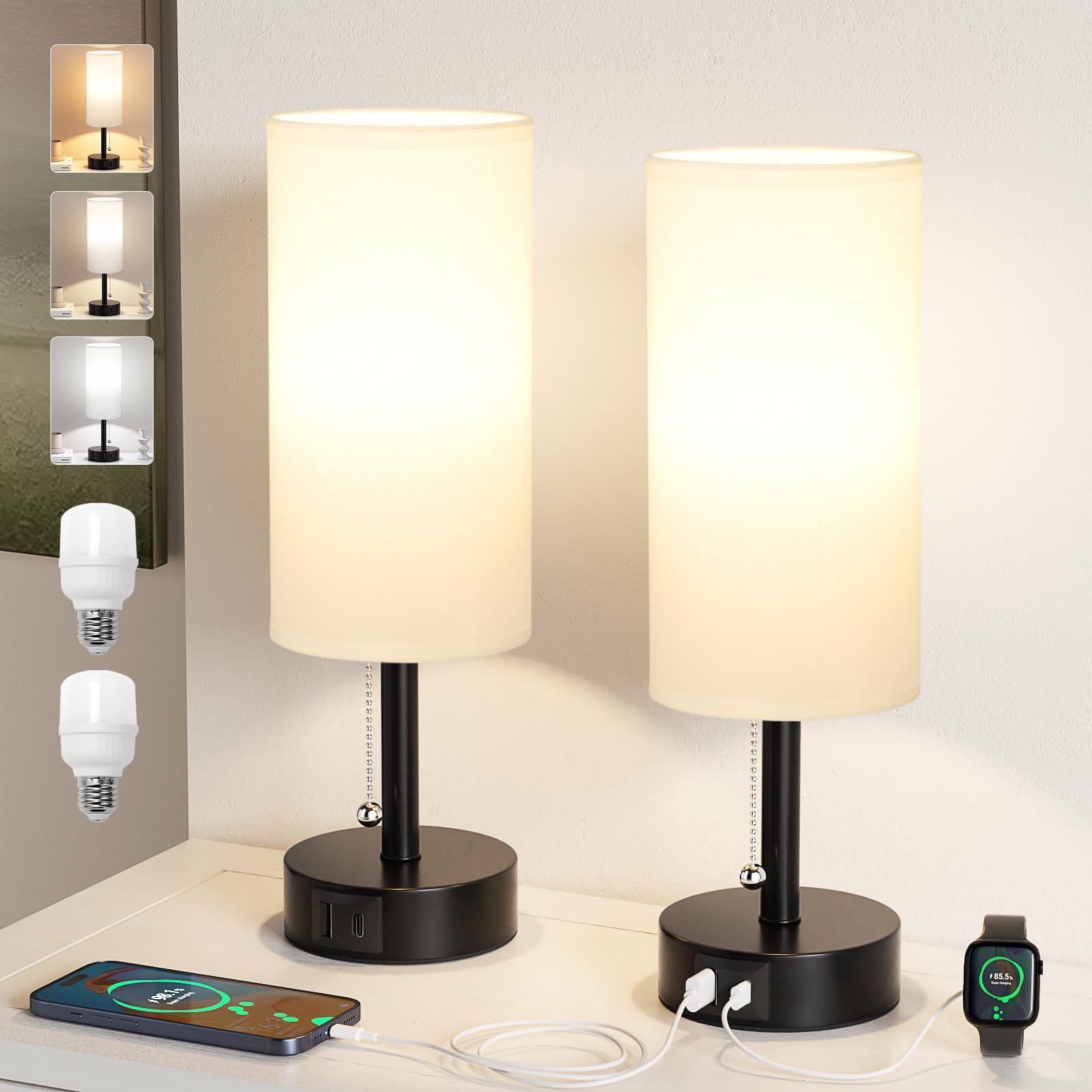 Fenmzee USB-Nachttischlampen, Set mit 2–3 Farbtemperaturen, Zugkettenlampe mit USB-C- und A-Ladeanschlüssen, runde Nachttischlampen für Schlafzimmer