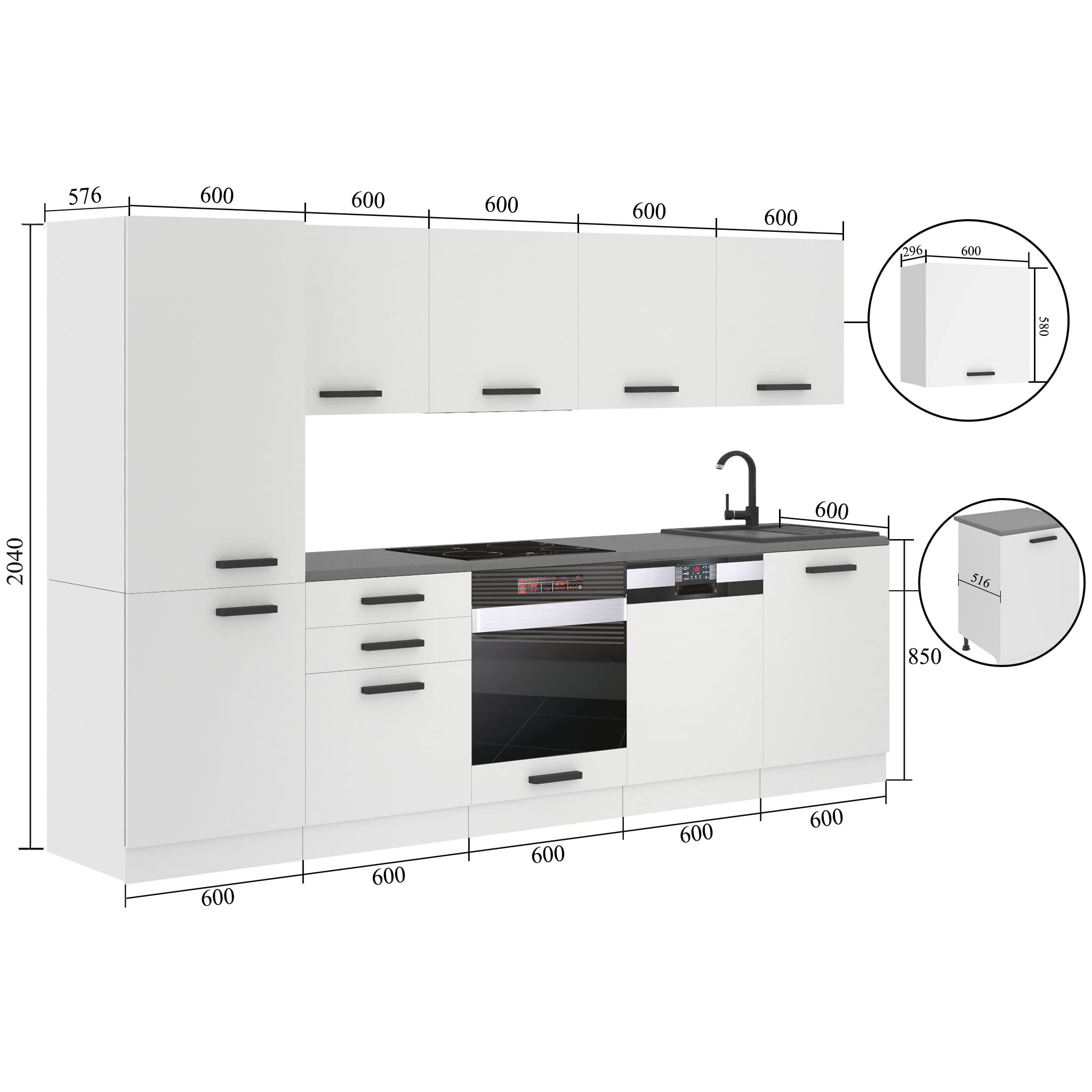 Belini, Rose - Cucina monoblocco, 300 cm, cucina componibile, senza elettrodomestici, con armadietti pensili e mobiletti, senza piani di lavoro, bianco lucido