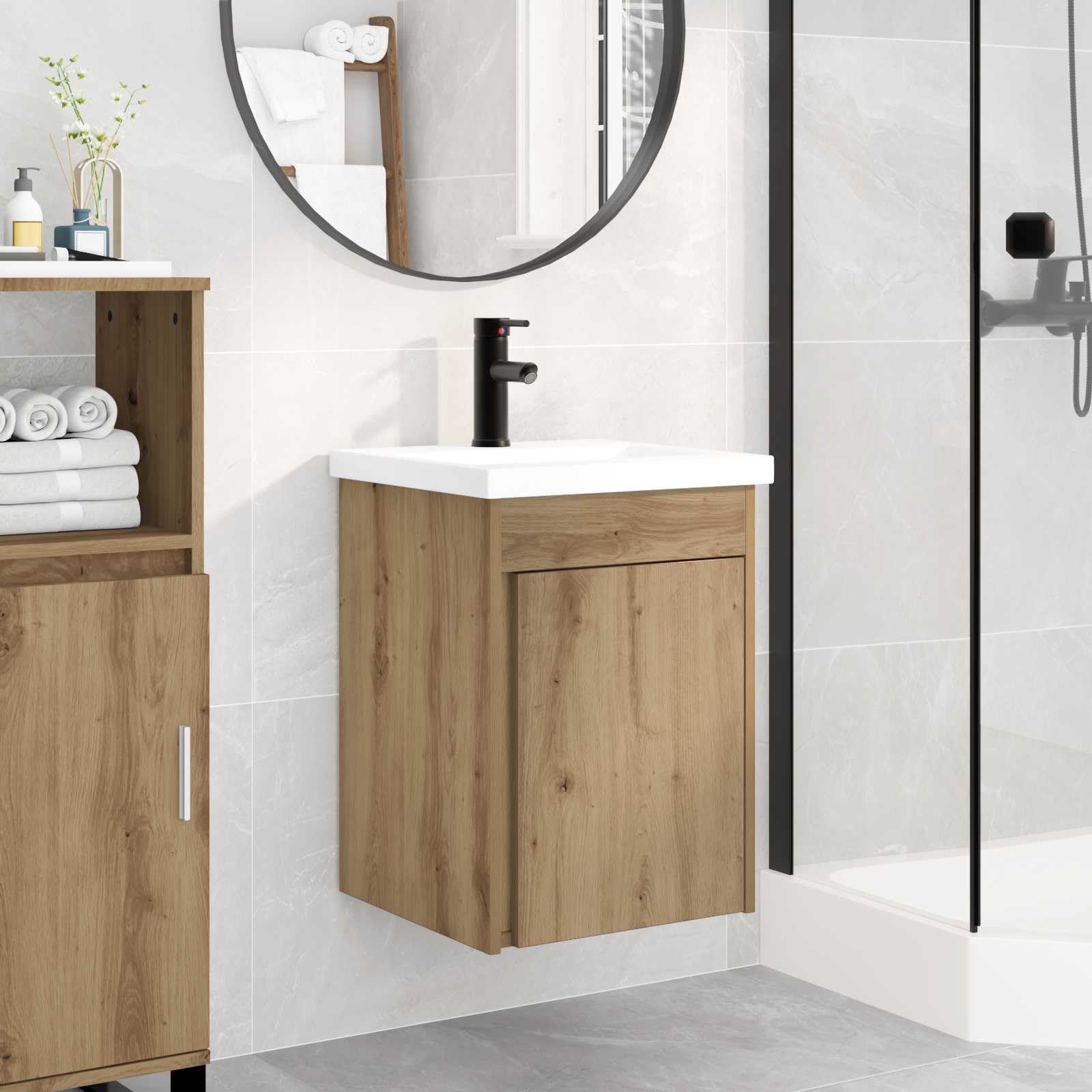 Mobile Bagno Sospeso con Lavabo e Rubinetto 42x40x74,5cm Rovere