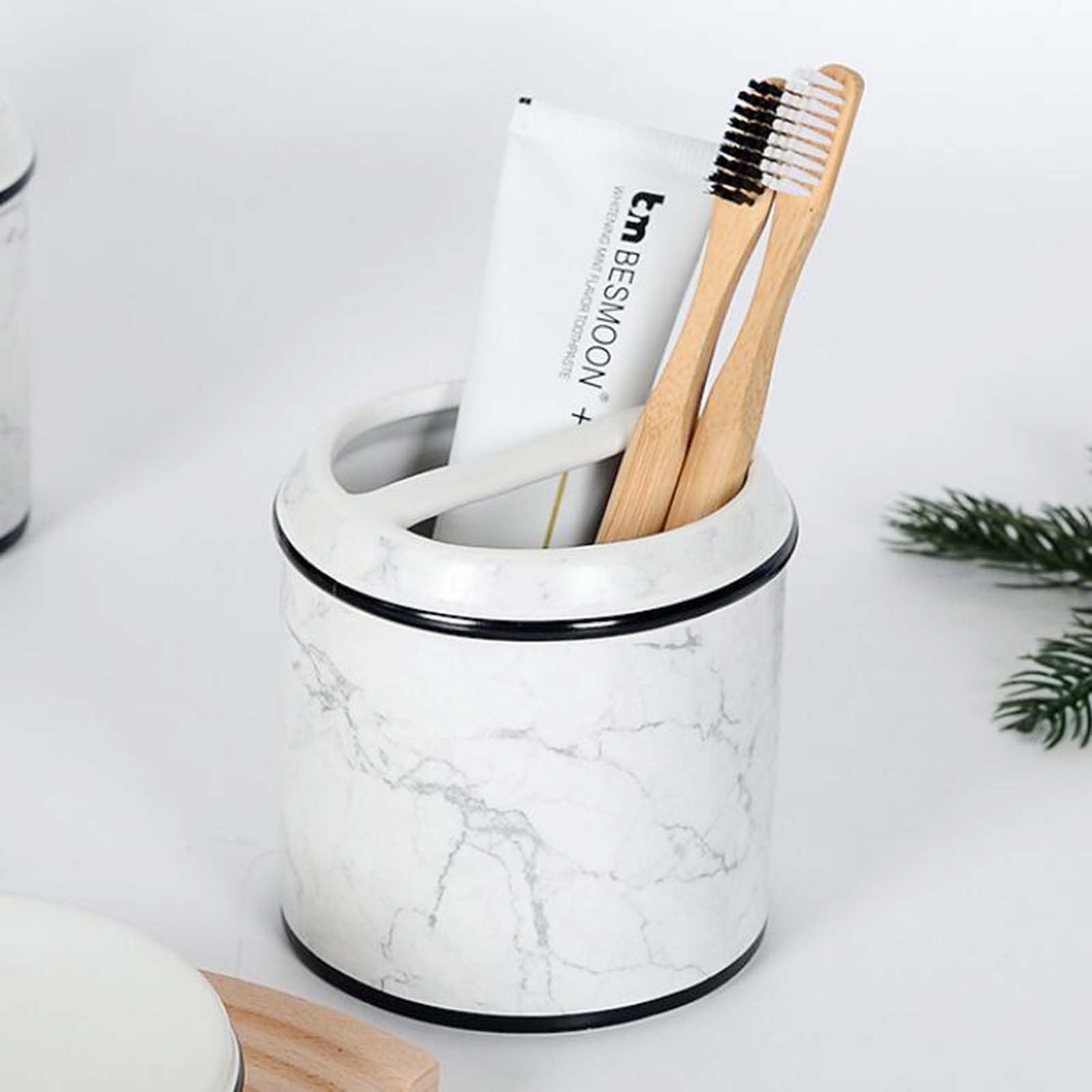 Set Dispensador De Jabón Marmoleado, Set De Baño De Cerámica, con Porta Cepillo De Dientes, Dispensador De Jabón, Jabonera, para La Zona De Lavado.,Blanco
