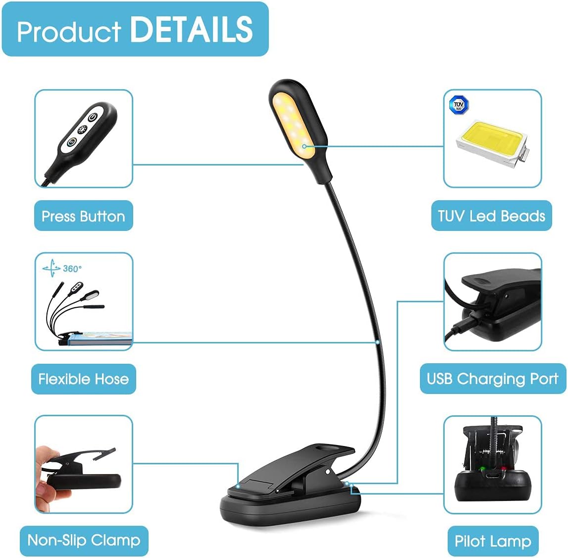 LOHAS Reading Light, 14 LEDs Rechargeable Book Light for Reading in Bed, 3000-6000K 20 Light Modes, 60 Hours Up, Eye Protection Booklight, Clip On Reading Lamp, Perfect for Bookworms, Kids&Travel - - 