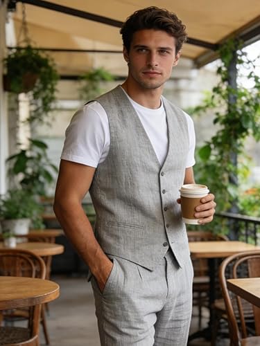 Miniatura 6 de Men's Linen Suits 2 Piece Slim Fit Suit Prom Beach Wedding Groomsman Vest Pants Set Casual Summer Linen Outfit