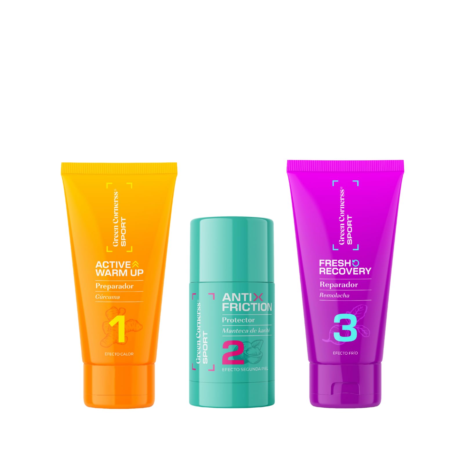 PACK GREEN CORNERSS SPORT BY VERDELISS - Calentamiento Pre-Ejercicio, Anti-Rozaduras y Recuperación Post-Ejercicio, 50ml/30g/50ml