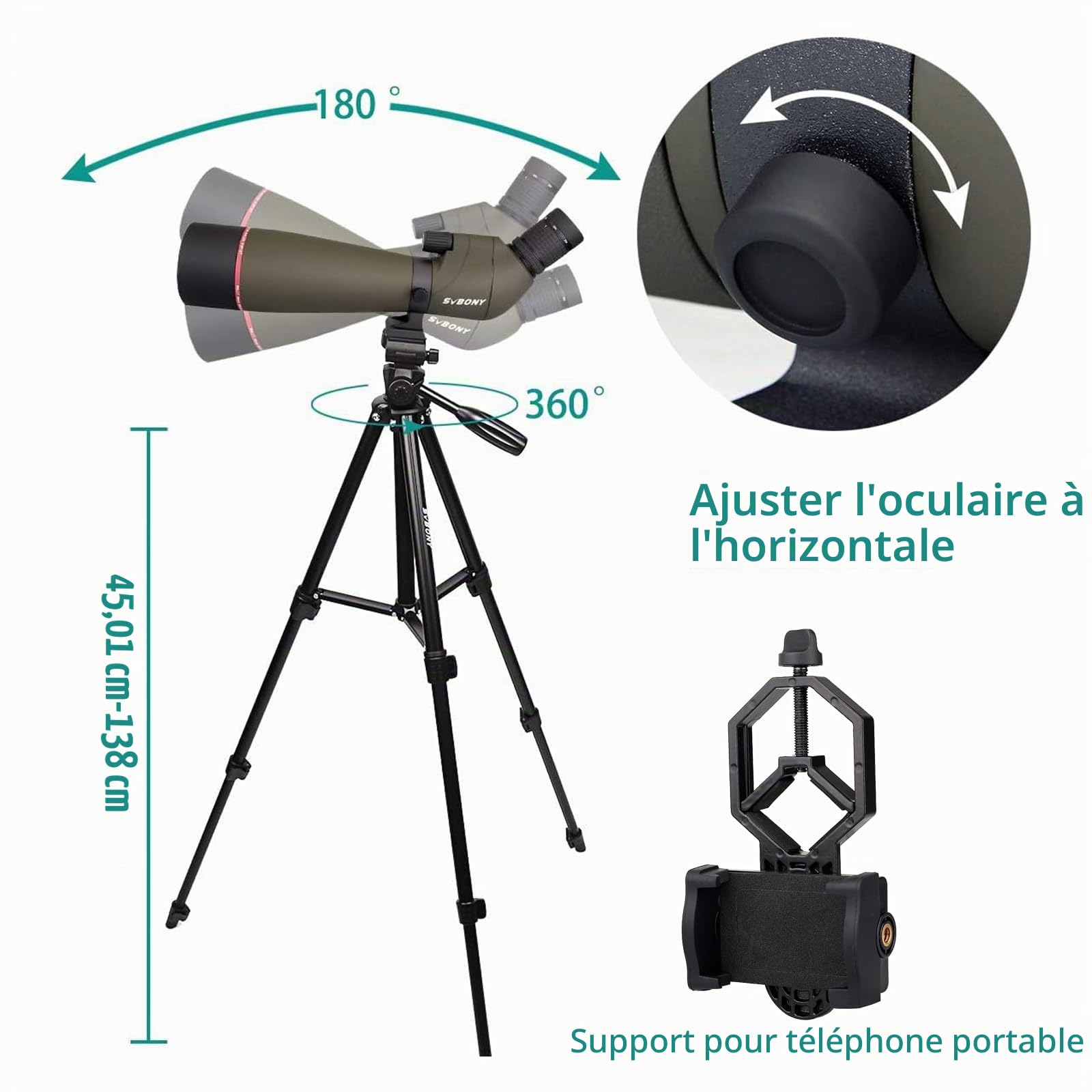 Svbony SV13 20-60X80 Longue Vue, HD Porro Prisme FMC Optique Étanche Monoculaire Longue Vue pour Tir Sportif, l'Observation des Oiseaux (avec Grand trépied)