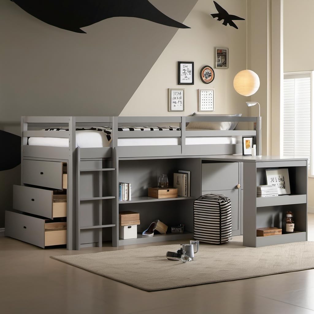 Twin Size Low Loft Bed with Desk & Storage Drawer for Kids,Wood Twin Loft Bed with Shelf,Space Saving,No Box Spring Needed,Grey