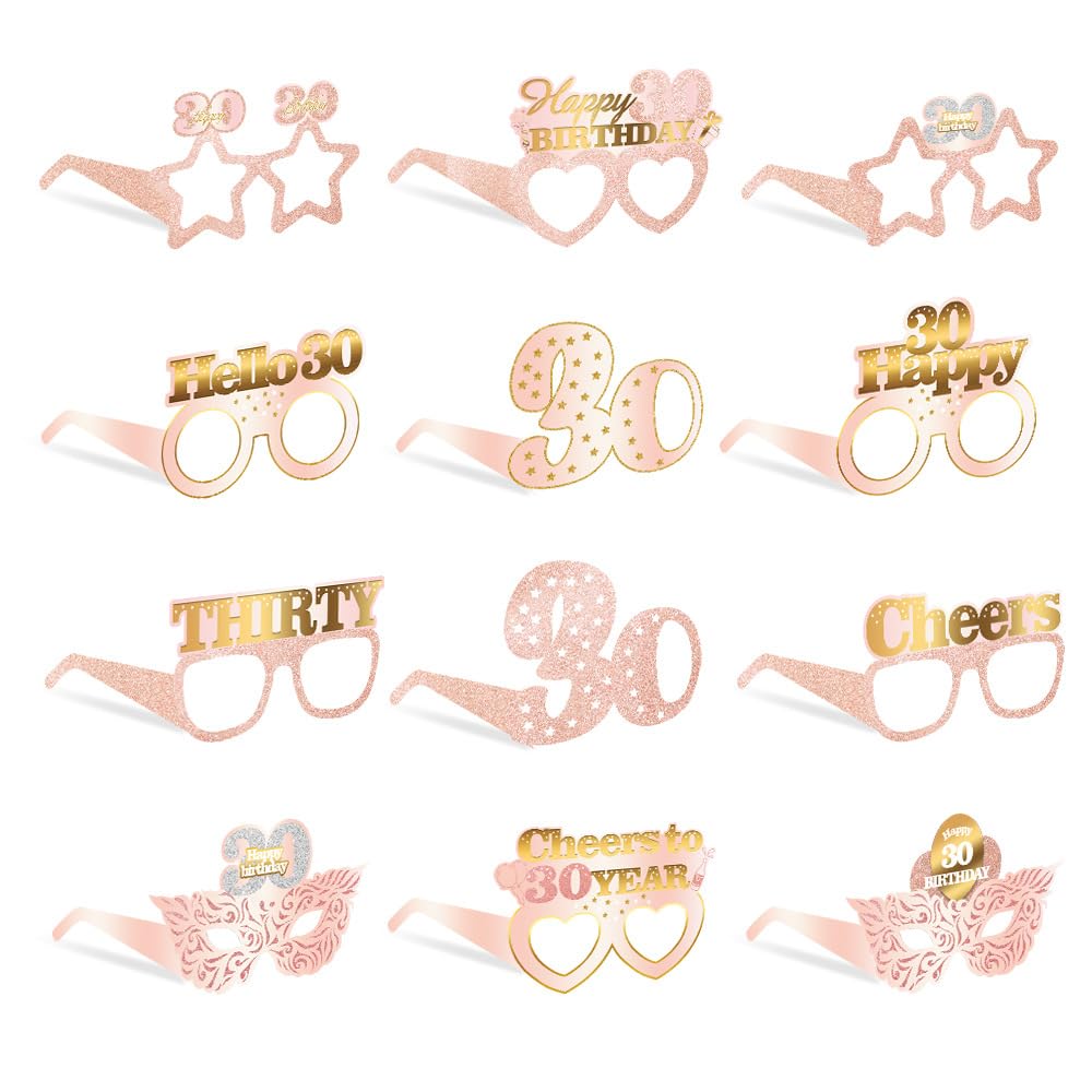 PLUSHCEWT 12 Pack Photo Booth Props Glasses Rose Gold - 30th 40th 50th Birthday Decorations, Party Glasses for Adults, Photo Props for Birthday Parties, Table Decorations & Celebration Supplies (R30)