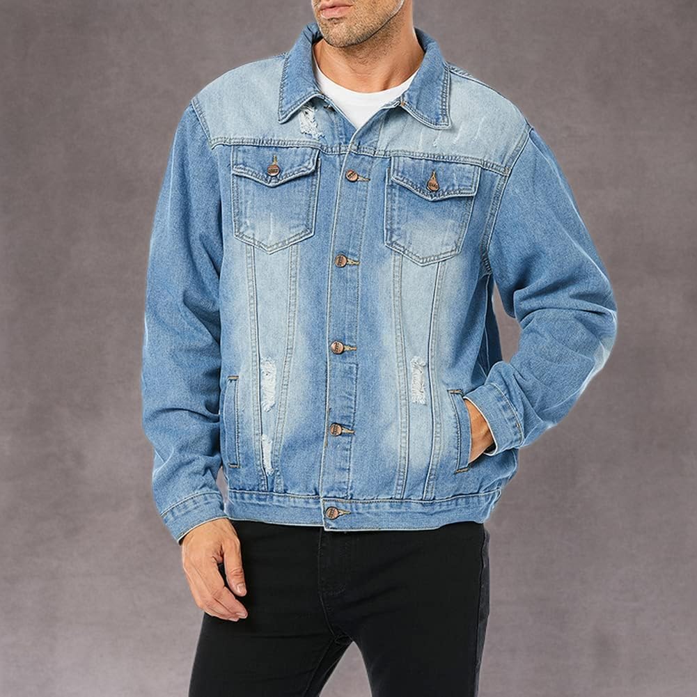 LONGBIDA Men's Jean Jacket Ripped Distressed Denim Trucker Coat with Holes - Image 6