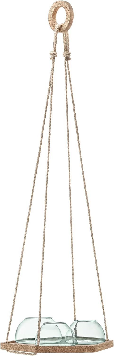 LSA Canopy Hanging Planter Set with Domed Shape Cork Base - Durable Recycled Glass Flower Pot - L11.25”