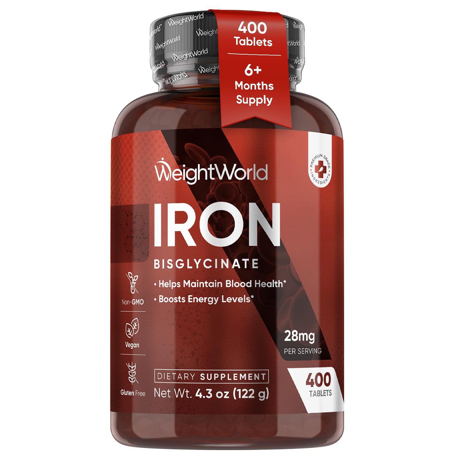 WeightWorld Iron Supplement 28mg - 400 Tablets (6+ Months Supply) - Gentle Iron Bisglycinate Supplement for Women & Men - Vegan, Non-GMO & Gluten-free