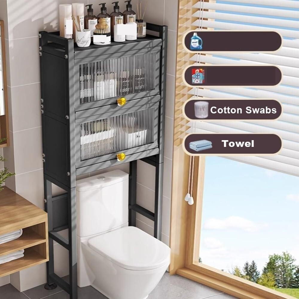 3-Tier Over The Toilet Storage Cabinet – Freestanding Bathroom Organizer with Sealed Doors, Carbon Steel Frame & Solid Shelves for Efficient Space Saving