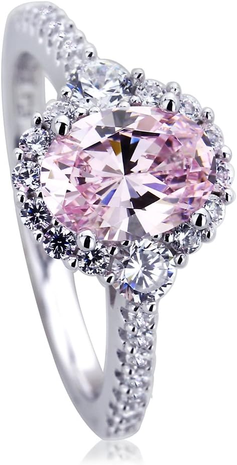 DoubleAccent Platinum Plated Sterling Silver Ring 1.2 CT Oval Super Light Pink CZ Stone Halo Ladies Cocktail Ring (Size 5 to 9)