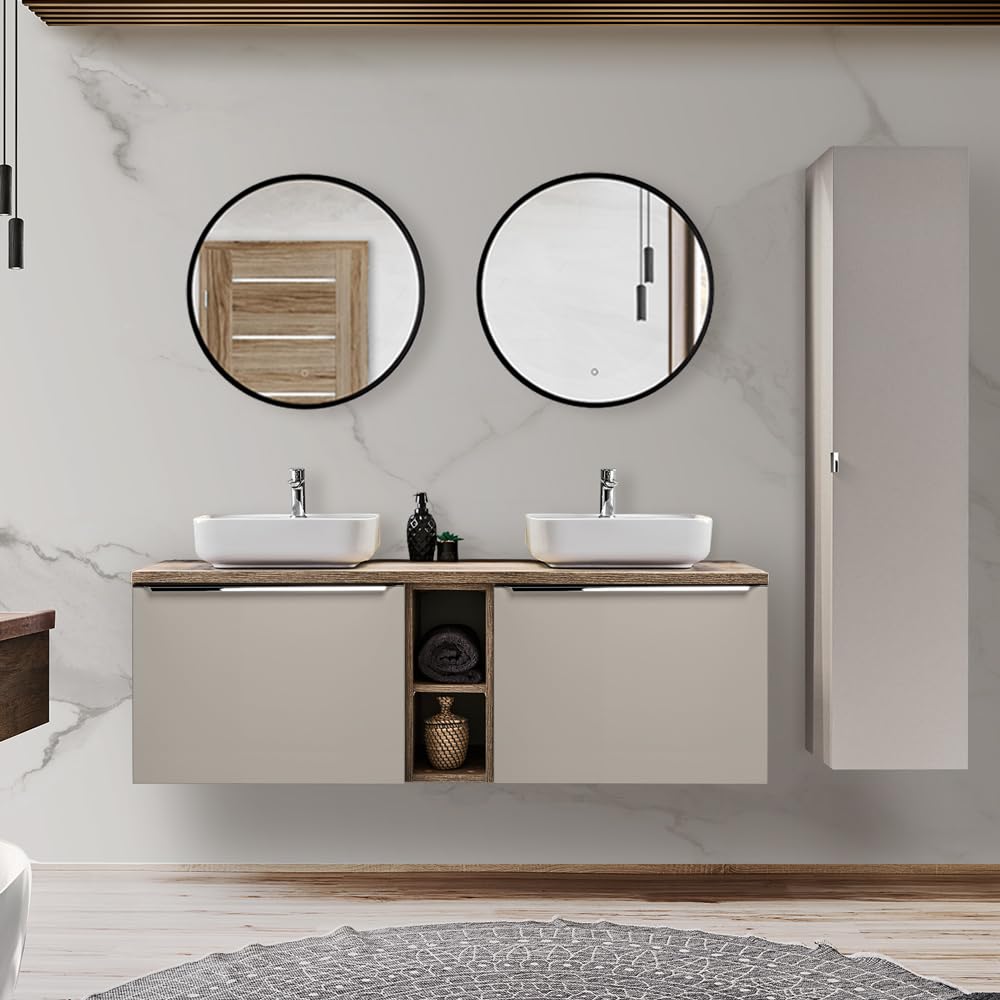 Lomadox Set di mobili da bagno in aupe con rovere vintage, 140 cm, doppio lavabo con mobiletto, 2 lavandini in ceramica, scaffale, specchio a LED, armadio alto