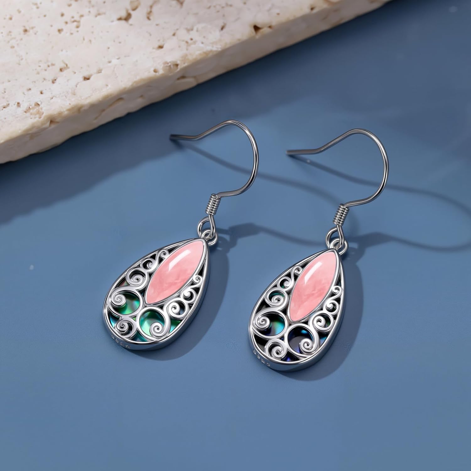 Filigree Earrings for Women S925 Sterling Silver Teardrop Abalone Shell Dangle Earrings Bohemian Filigree Earrings Jewelry Anniversary Birthday Gift