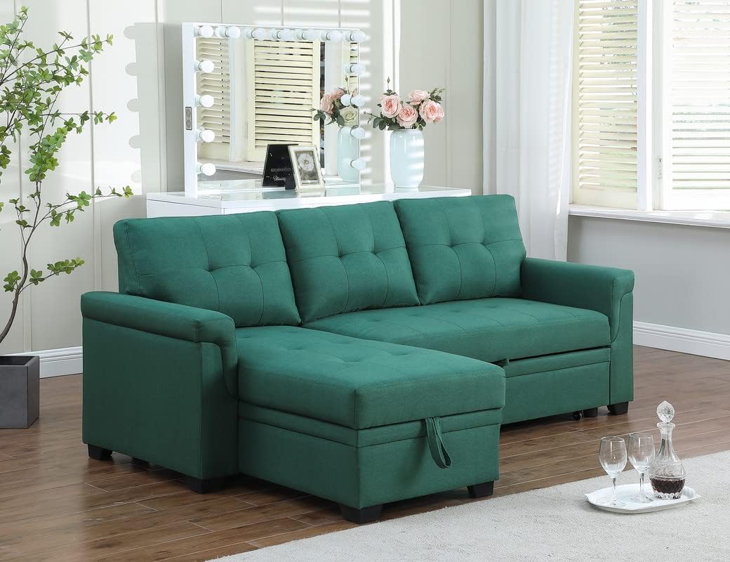RITSU Living Room L-Shape Reversible Linen Fabric Sleeper Sectional Sofa with Storage Chaise, Green Corner Couch with Arms for Home Furniture, Apartment, Dorm
