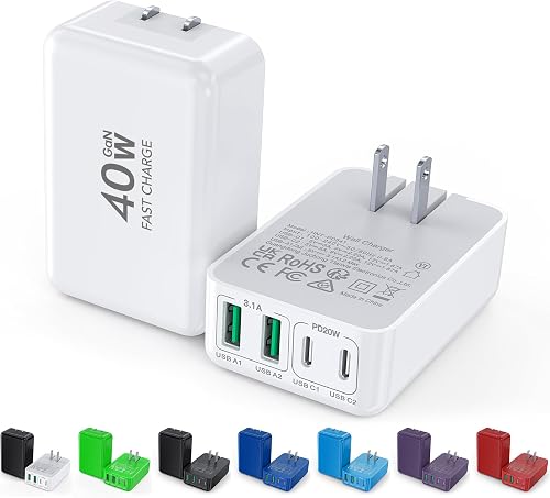 2Pack Flat USB C Wall Charger,40W 4Ports Foldable & Slim Fast Charging Block,Type C Cube Box Multiport Power Adapter Plug ...