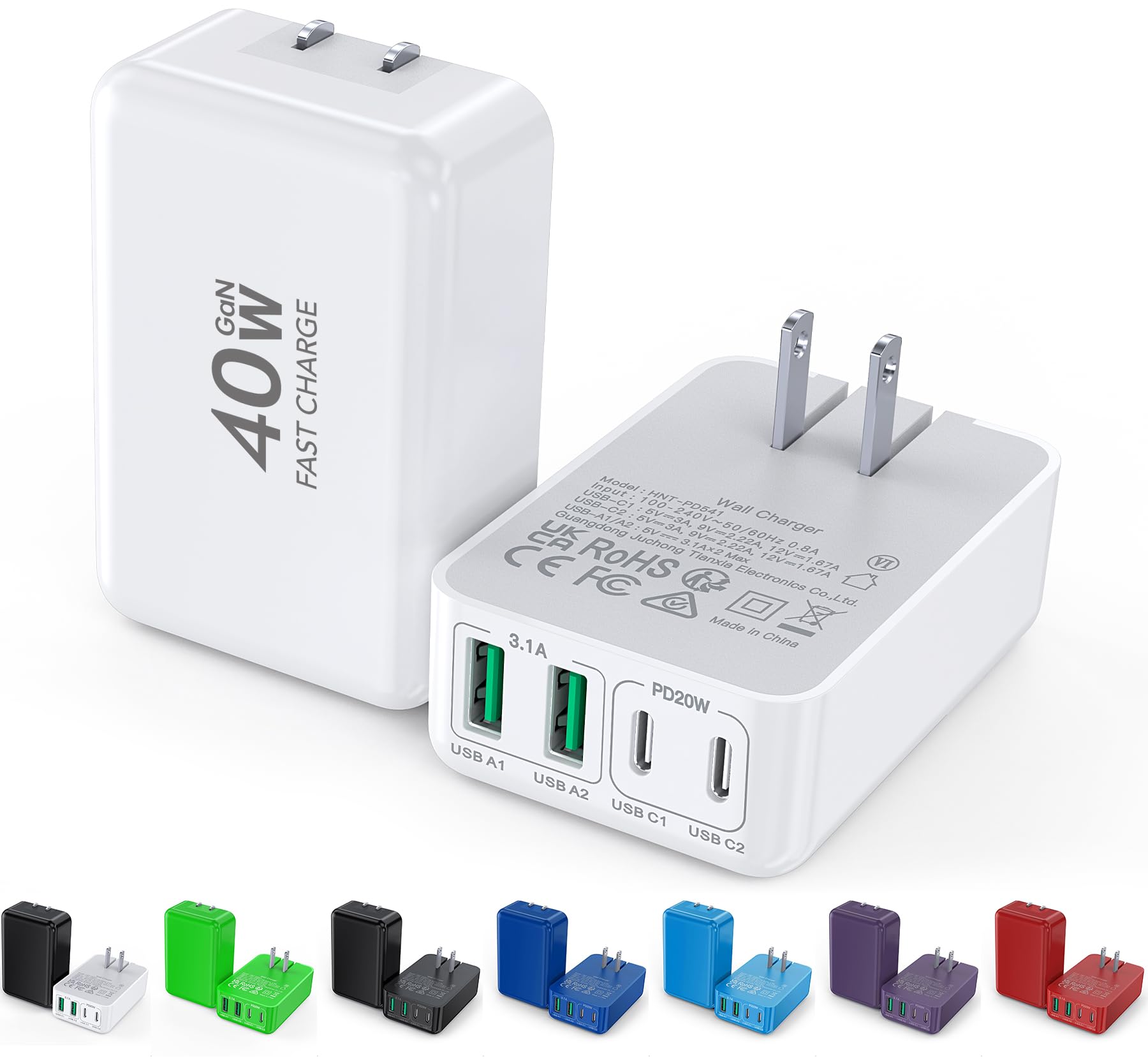 Paquete de 2 cargadores de pared USB C planos, 40 W, 4 puertos, plegable y delgado, bloque de carga rápida, caja de cubo tipo C, adaptador de corriente multipuerto, enchufe compatible con iPhone