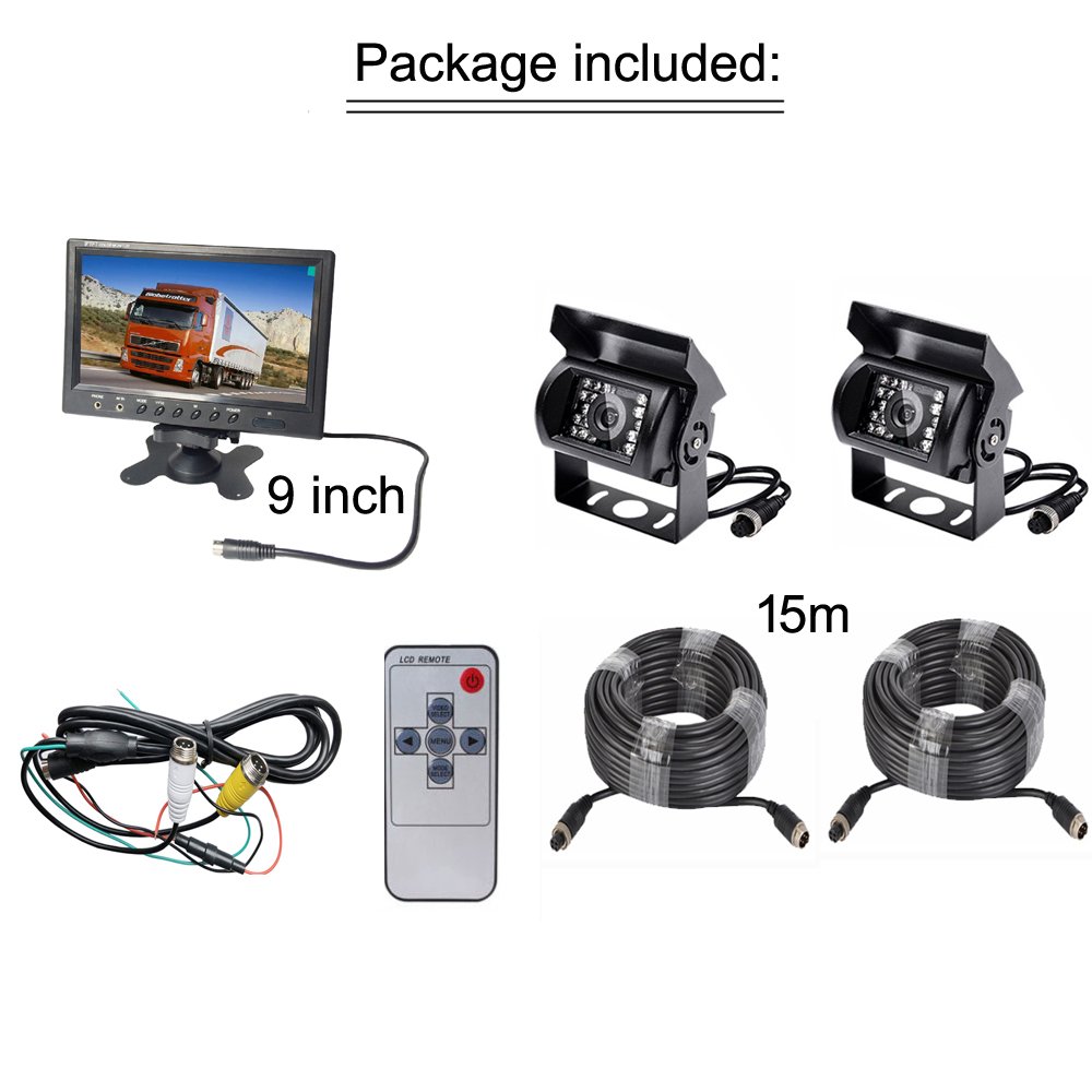 Vehicle Backup Camera and Monitor Kit, 9 inch Big Screen Monitor + 2x