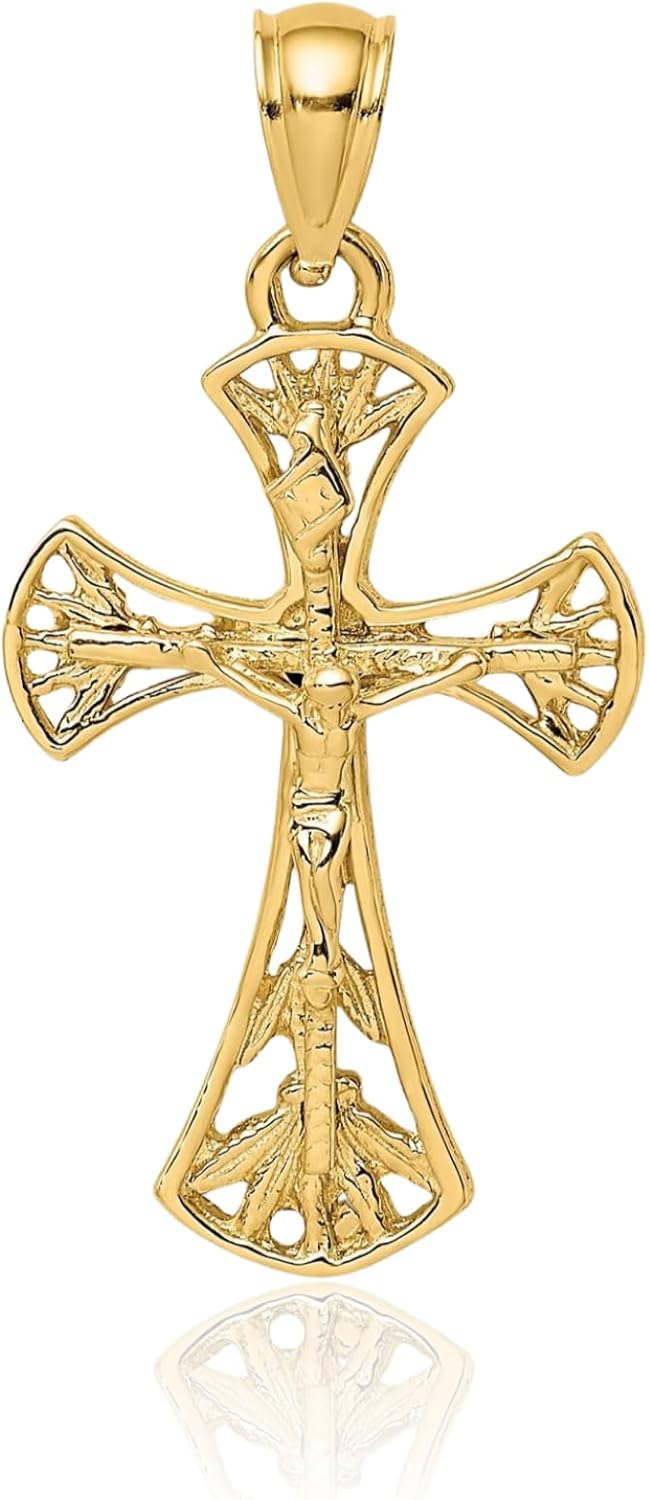 IceCarats 14K Solid Yellow Gold Filigree Large Jesus Crucifix Cross Pendant Necklace 31.35mm 1 1/4 inch Polished For Her For Him