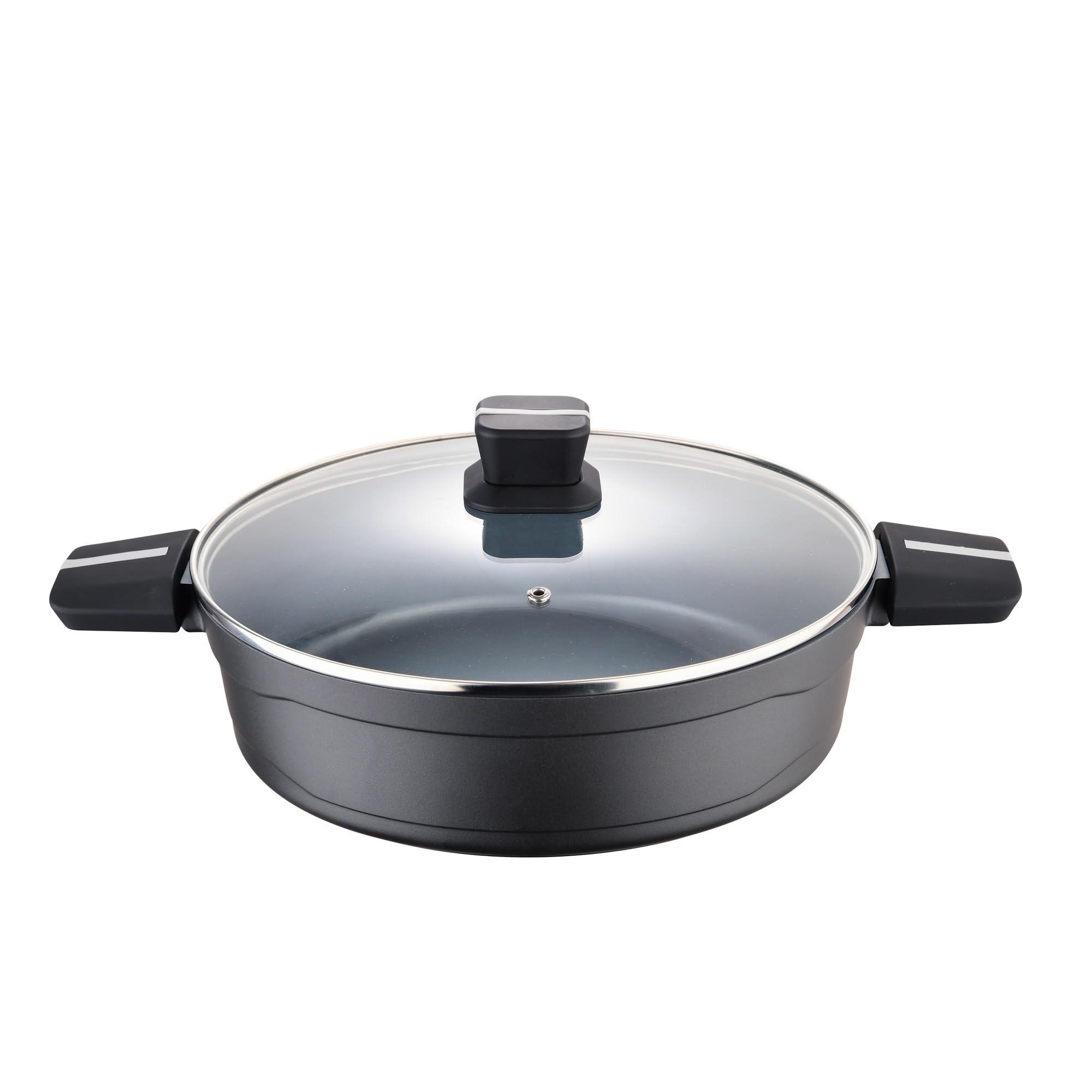 San Ignacio Bistro Grey - Olla Baja de 28cm - Fabricada en Aluminio Fundido - Interior En Acero Quantanium - Exterior En Negro Mate- Punto Inducción - Mango Soft Touch Negro