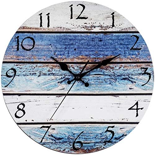 Bernhard Products Rustic Beach Wall Clock 12" Round, Silent Non Ticking Quartz Battery Operated Fiberboard Wooden Look, Vintage Shabby Beachy Ocean Coastal Nautical Decorative Kitchen Office Clocks