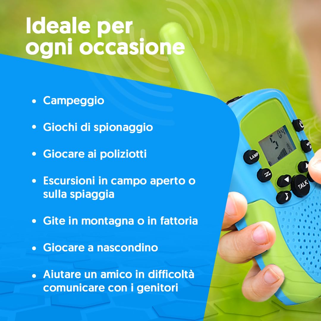 NK Set di 3 Walkie-Talkie per Bambini di 4 5 6 7 8 9 Anni (Batterie Incluse) - Lunga Distanza 3km, Display LED, 22 Canali, Giocattolo per Bambini con Torcia, Regalo di Natale Compleanno (3 unità)