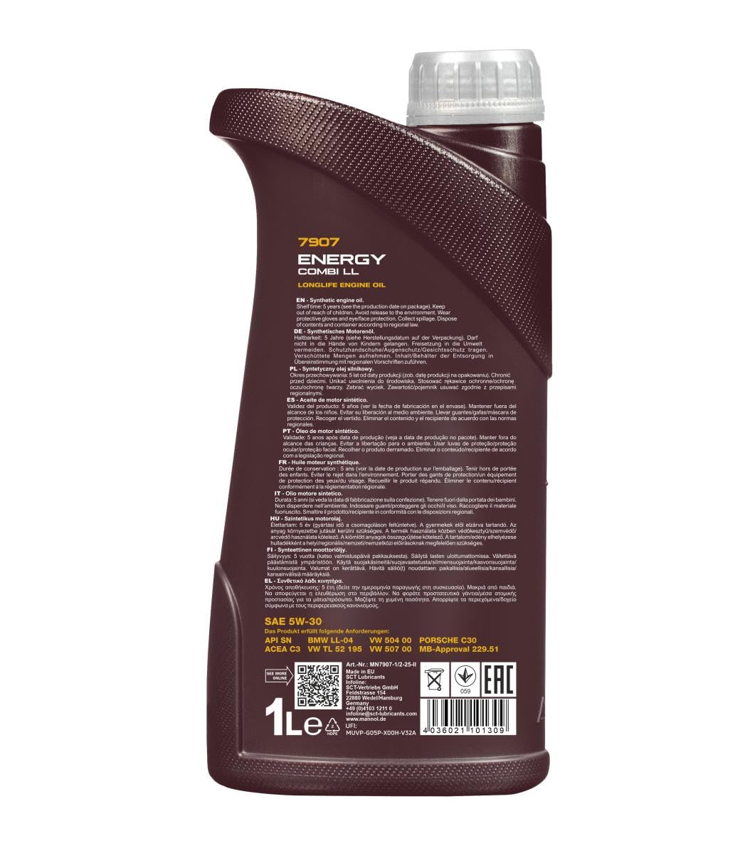 MANNOL Huile moteur ENERGY COMBI LL 5W-30 ACEA C3 API SN 1 L Compatible avec VW Golf 7 3/5 portes 5G1, BQ1, BE1, BE2 Golf 4 3/5 portes 1J1 Golf 5 3/5 portes 1K1 Golf 6 3/5 portes 5K1, BMW 3 Berline