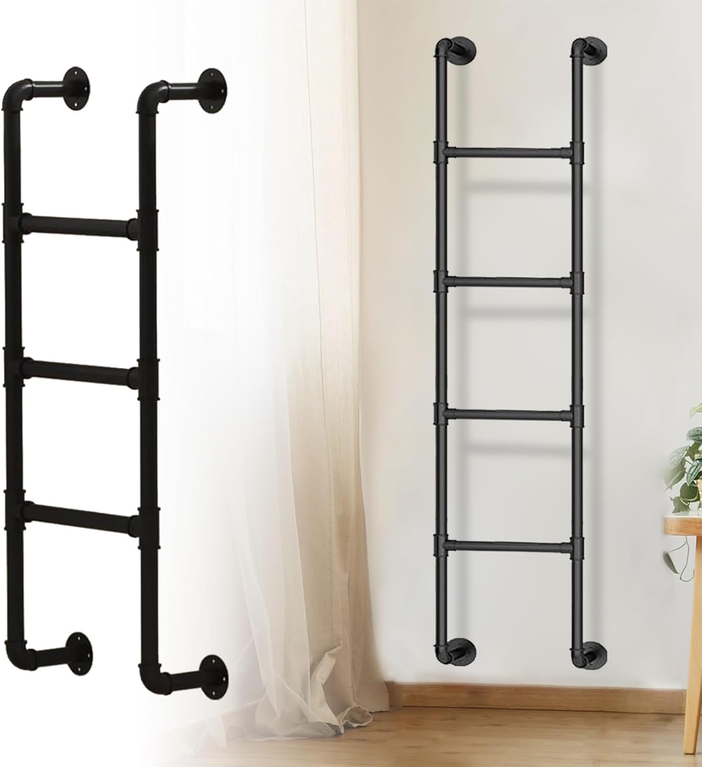 Black Wrought Iron Wall Mounted Egress Ladder for Small Spaces 49in Safety Climbing Ladder for Basement Window Well and Attic Bunk Bed