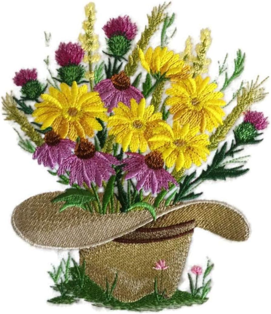 Custom and Unique (Cowboy Hat Bouquet) Blooms Flower Embroidered Iron on/Sew Patch [ 5.85"(w) x 6.67"(h)] [Made in USA]