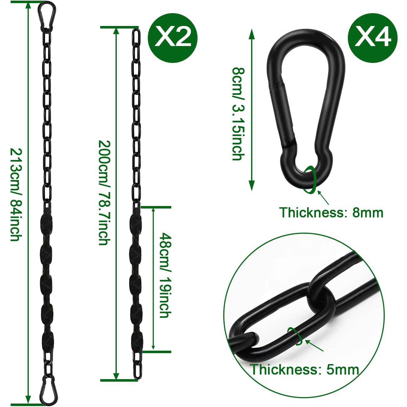 Hängeschaukelkette mit 4 Karabinern, Edelstahlketten mit PE-Hülse, Anti-Verhedderungs-Sicherheitsdesign, robustes Aufhänge-Hardware-Kit für Hängemattenstühle, Boxsäcke, 299 kg Tragkraft, 213,4 cm, 2