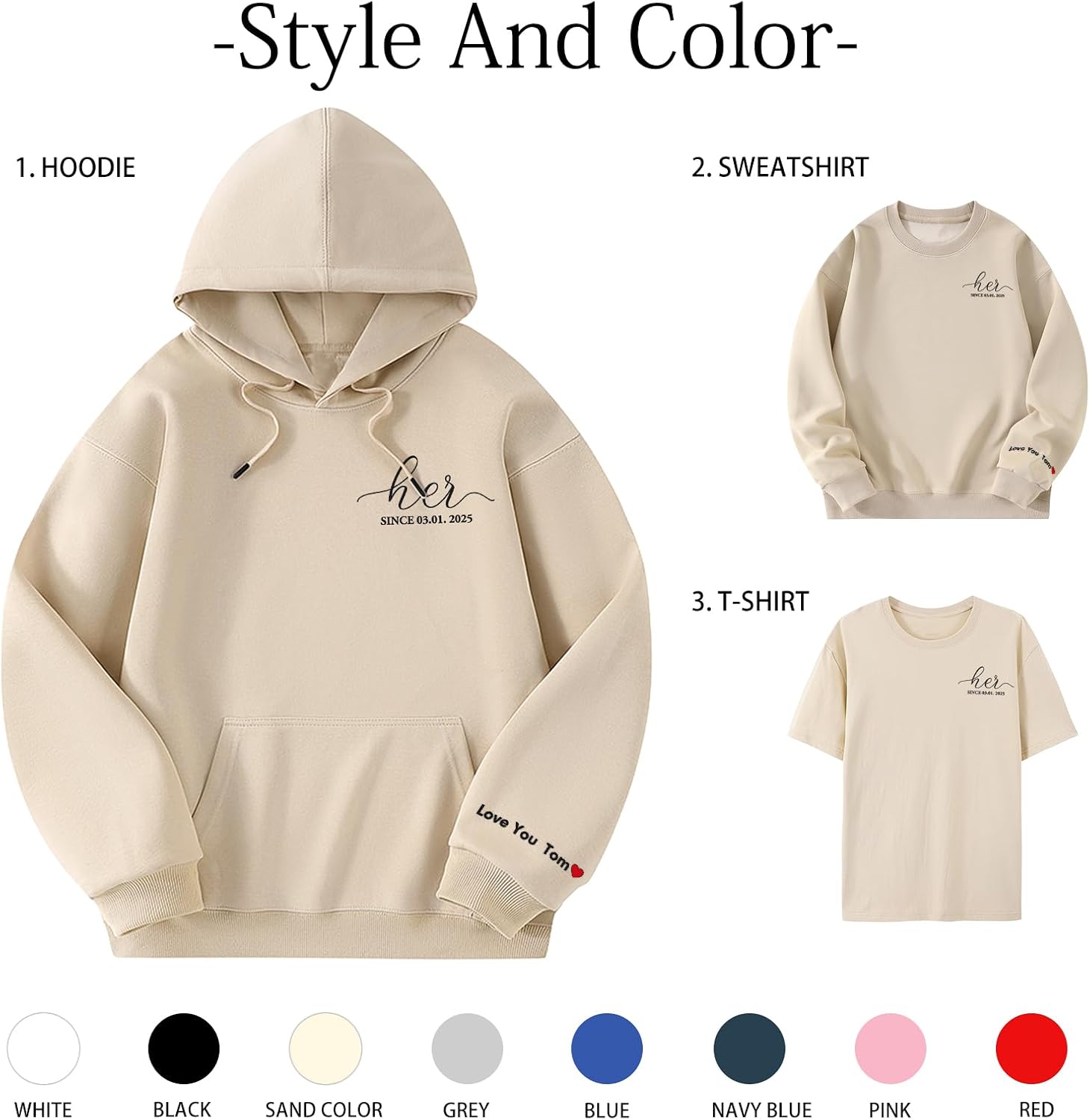 Custom Embroidered Matching Couple Hoodie & Sweatshirt, Personalized Gift for Girlfriend Boyfriend Valentines Day Birthday Christmas Anniversary - Image 3
