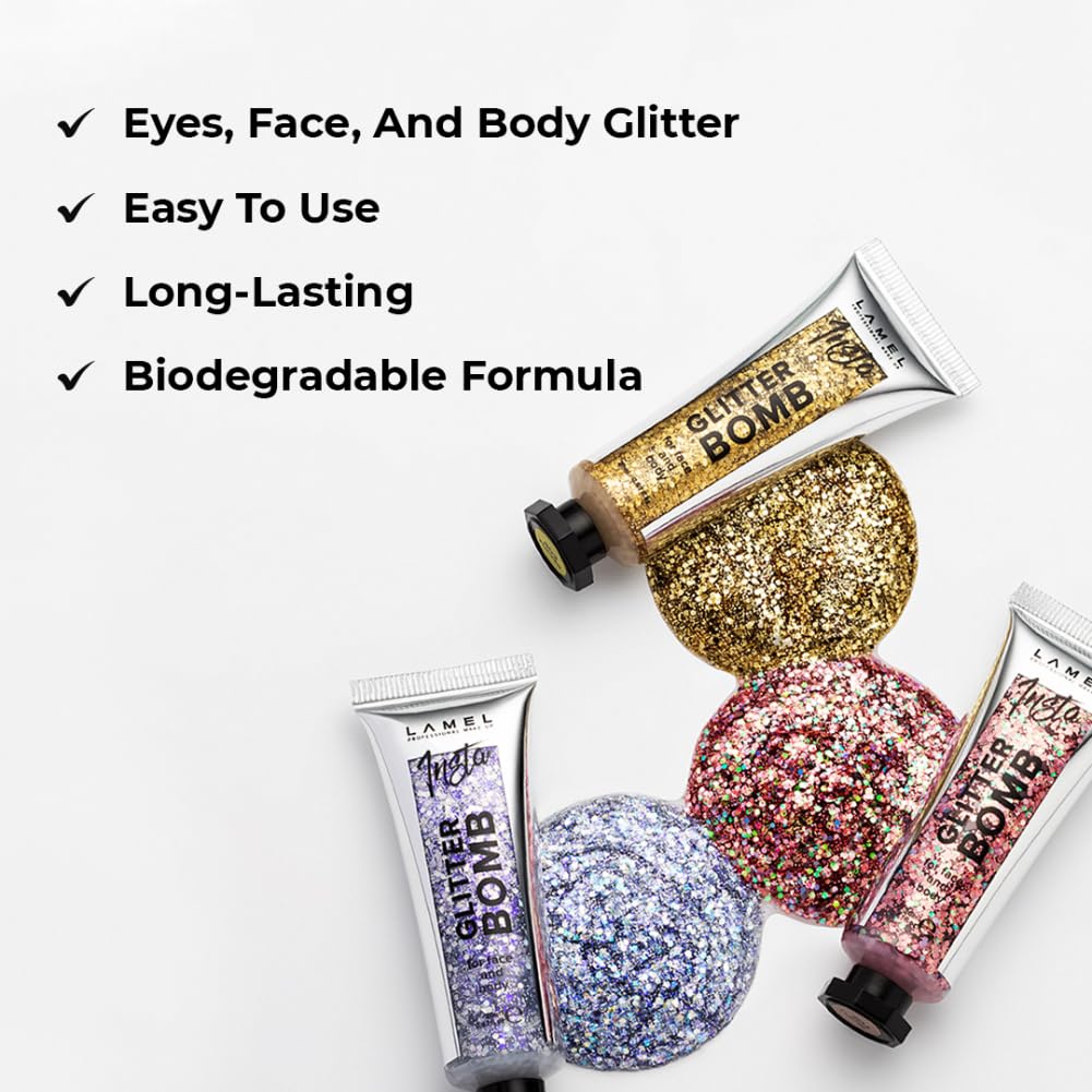 Lamel- 402 Gold Insta Body Glitter Bomb, Radiant & Glowing Skin, Easy to Use & Long-Lasting, Biodegradable Formula, Body Highlighter for Women - 20ml - Image 2 thumbnail
