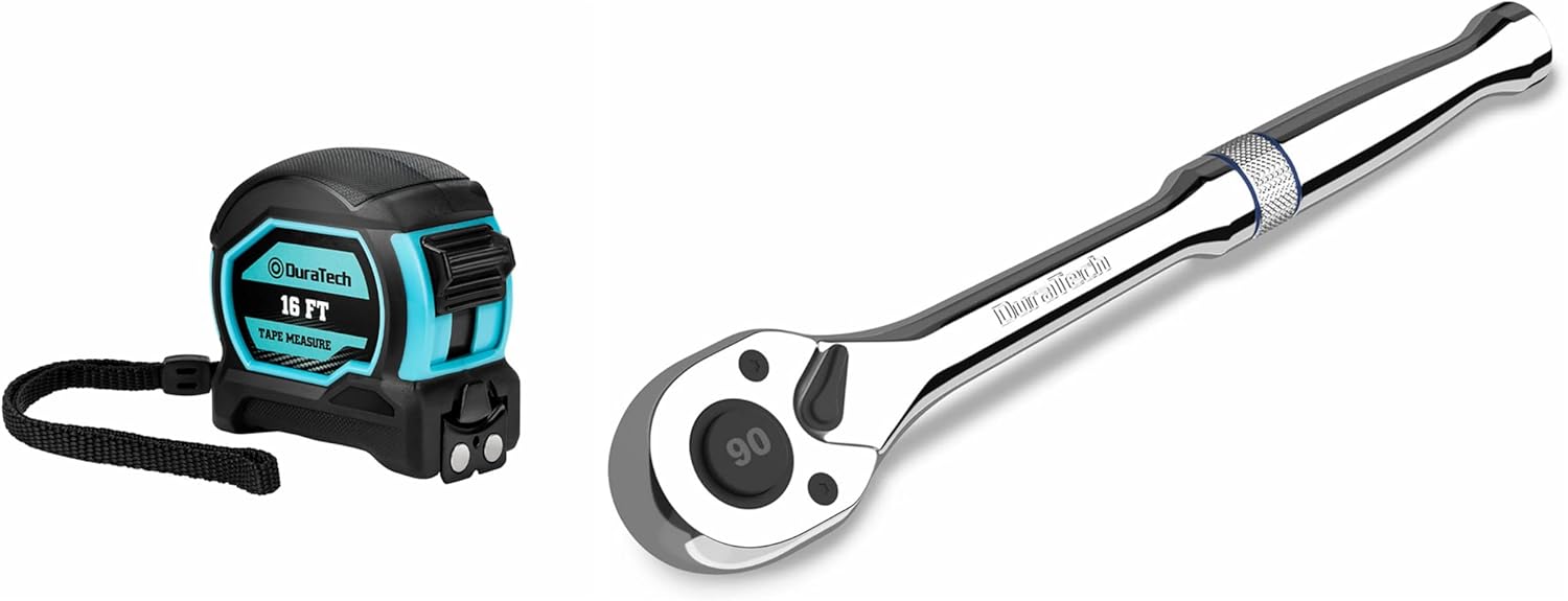 DURATECH 1/4-Inch Drive Ratchet with Magnetic Tape Measure 16FT with Fractions 1/8, 90-Tooth Quick-release Ratchet Wrench