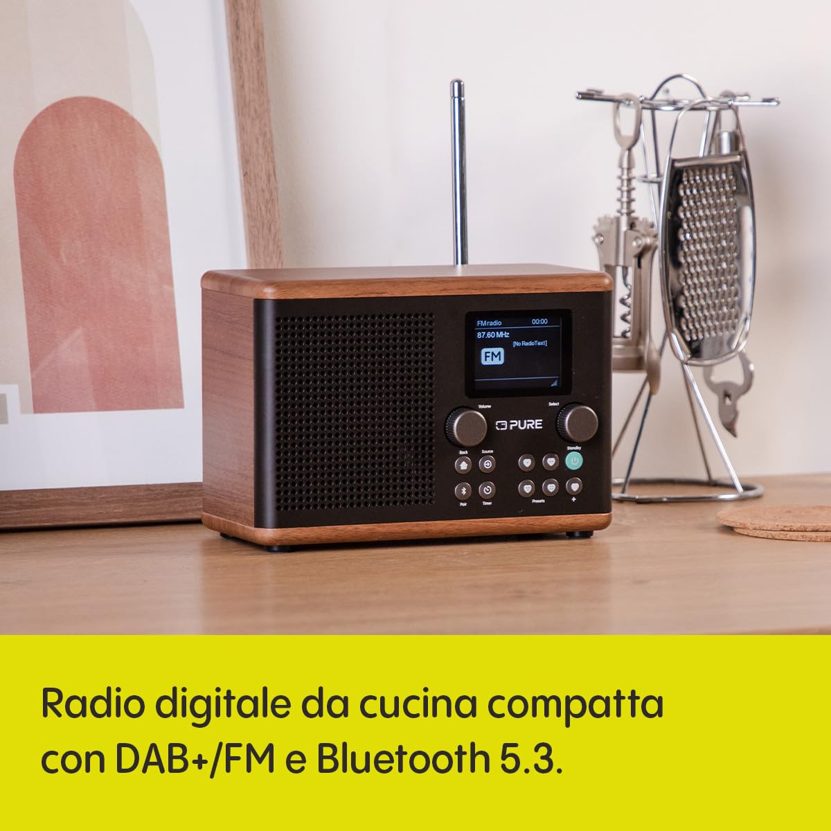 Pure Classic H4 Radio da Cucina Digitale DAB+ FM Bluetooth USB AUX Timer Sveglia Caffè Nero Noce
