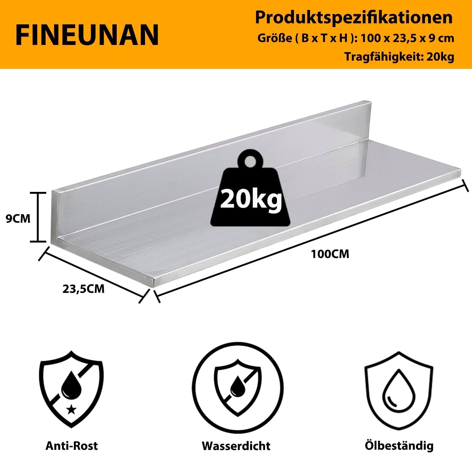 Edelstahl Wandregal, Regal Wand 2 Stück, Schweberegal Silber 100cm Länge, schwimmender Boden Hängeregal für Wohnzimmer, Küche, Büro, Badezimmer