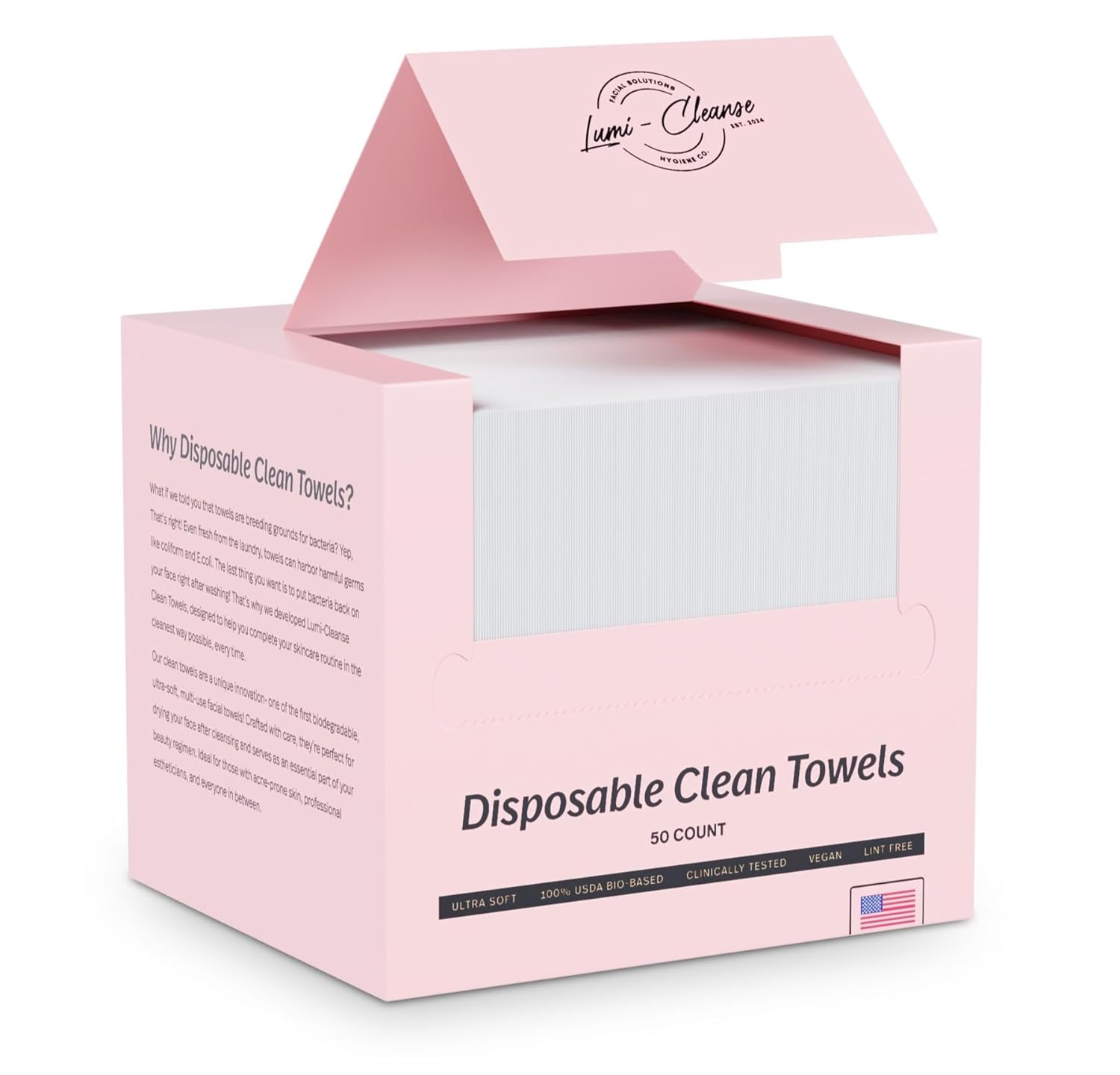 Disposable Clean Towelette XL, Ultra Soft, 100% USDA Bio Based, Clinically Tested, Vegan, Lint Free, 50 Ct, 1 Pack