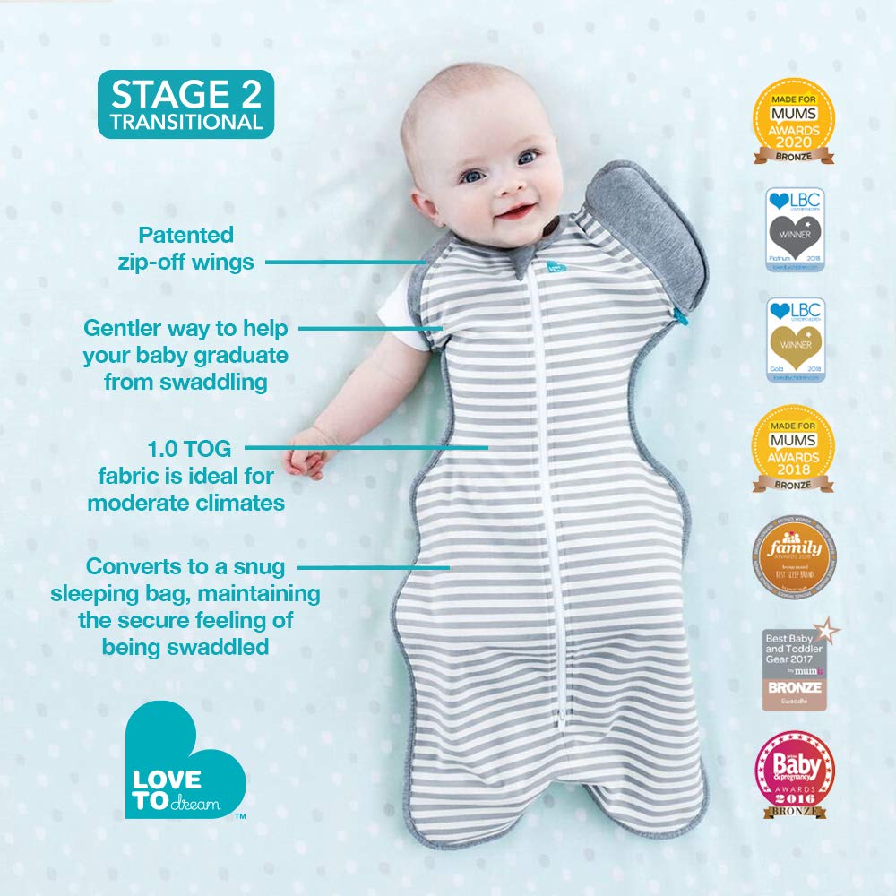 Love To Dream Swaddle UP Transition Bag, Gray, Large, 1924 lbs., Patented ZipOff Wings, Gently