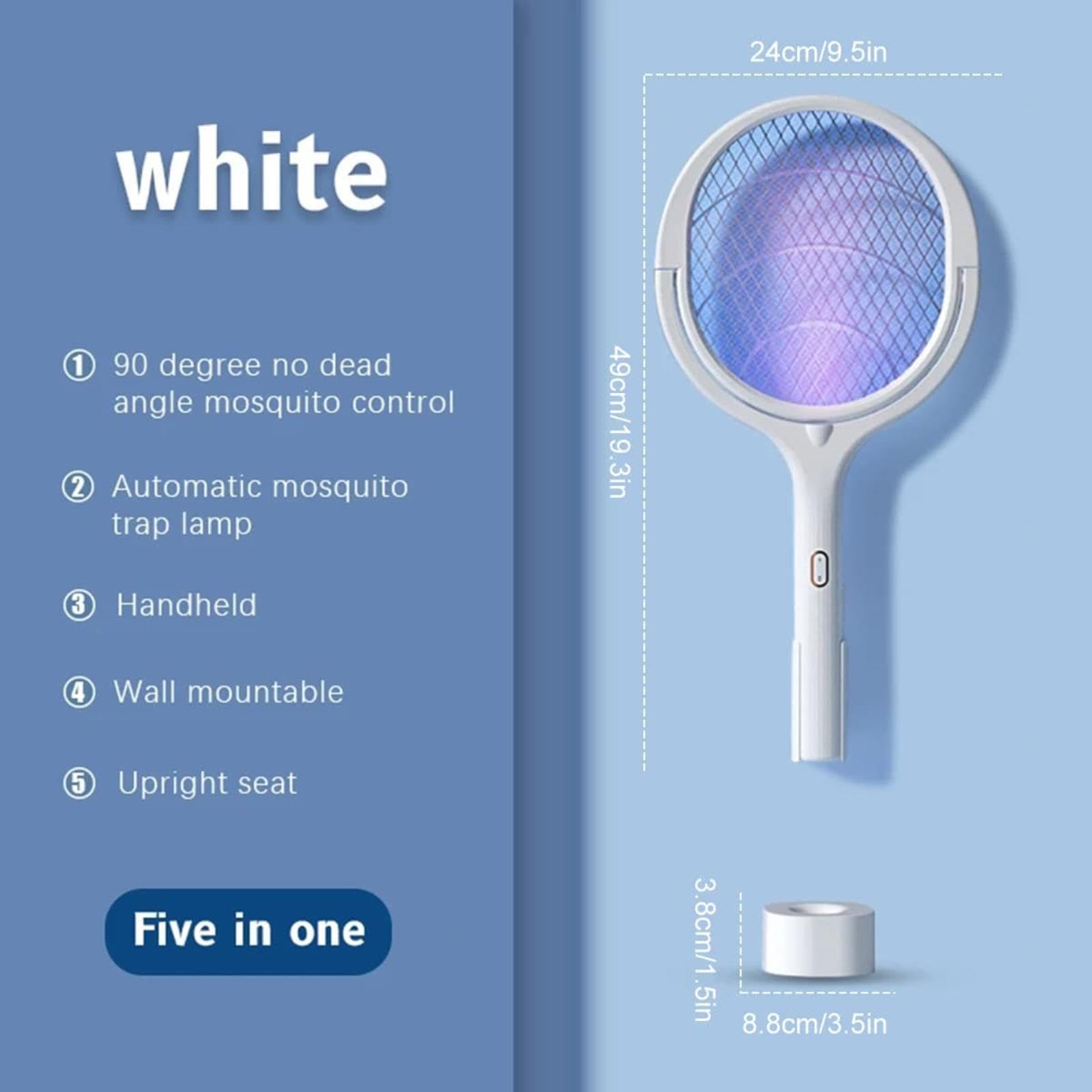 FAXIOAWA Matamoscas eléctrico Recargable montado en la Pared con Base Bug Zapper matamoscas Ahorra Espacio Raqueta eléctrica para Mosquitos Adecuada para habitación Familiar