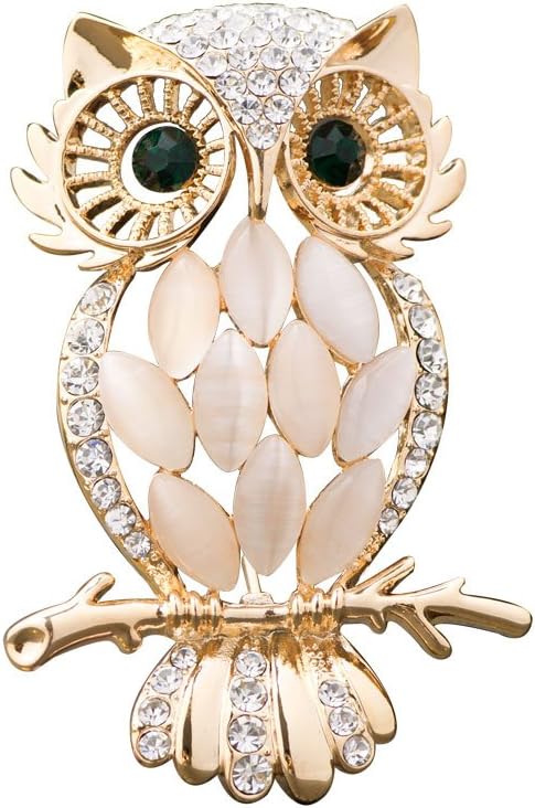 LuckyJewelry Vintage Cheap Crystal Rhinestone Perched Cute Green Eyed Owl Brooch and Pin for Sale