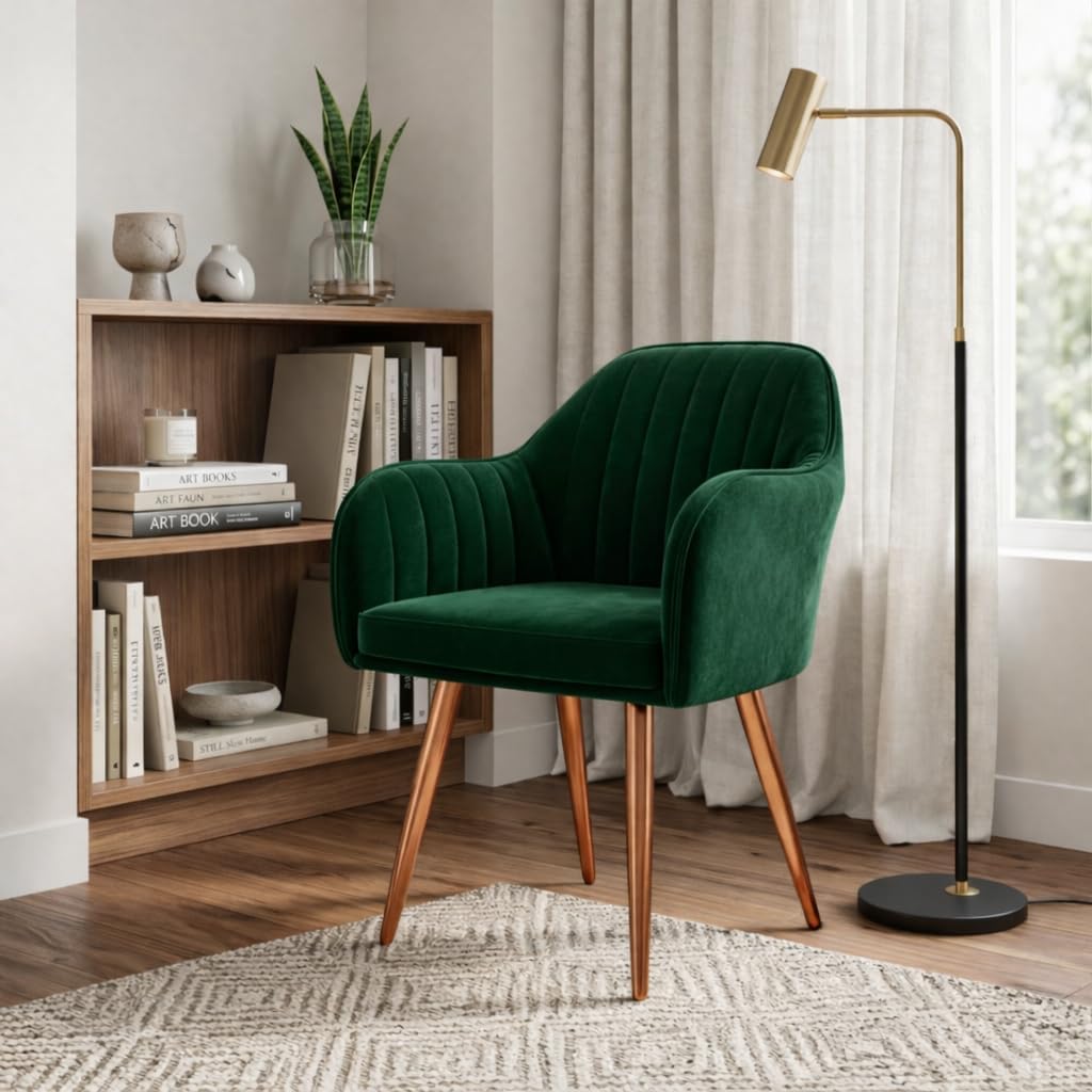 Vergo Plush Velvet Fabric Dining Chair | Cushion Seat | Wooden Frame | Metal Legs | Accent Chair for Living Room Bedroom Balcony Cafe Restaurant (Dark Green)