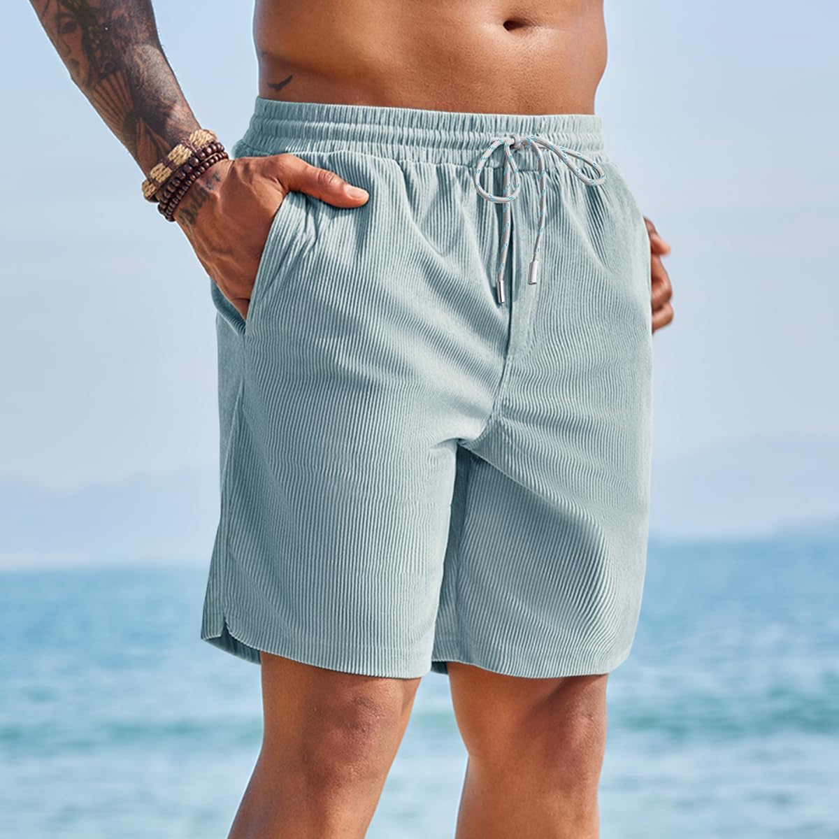 Yousify Men's Corduroy Shorts Casual Elastic Waist Drawstring Summer Beach Vacation Shorts with Pockets - Image 3