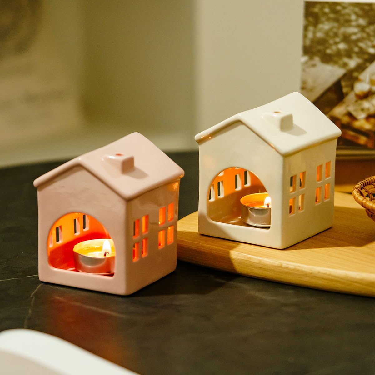 Hollowed Ceramic Village House Tealight Candle Holder for Home Fireplace Mantel Table Centerpiece Winter Holiday Christmas Decorations (White)