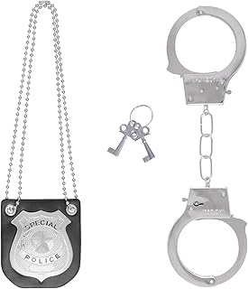 2Pcs Police Costume Accessories for Adults, Police Badge Fake Handcuffs with Keys Set, Halloween Detective Cop Spy Agent Costume Accessories Silver