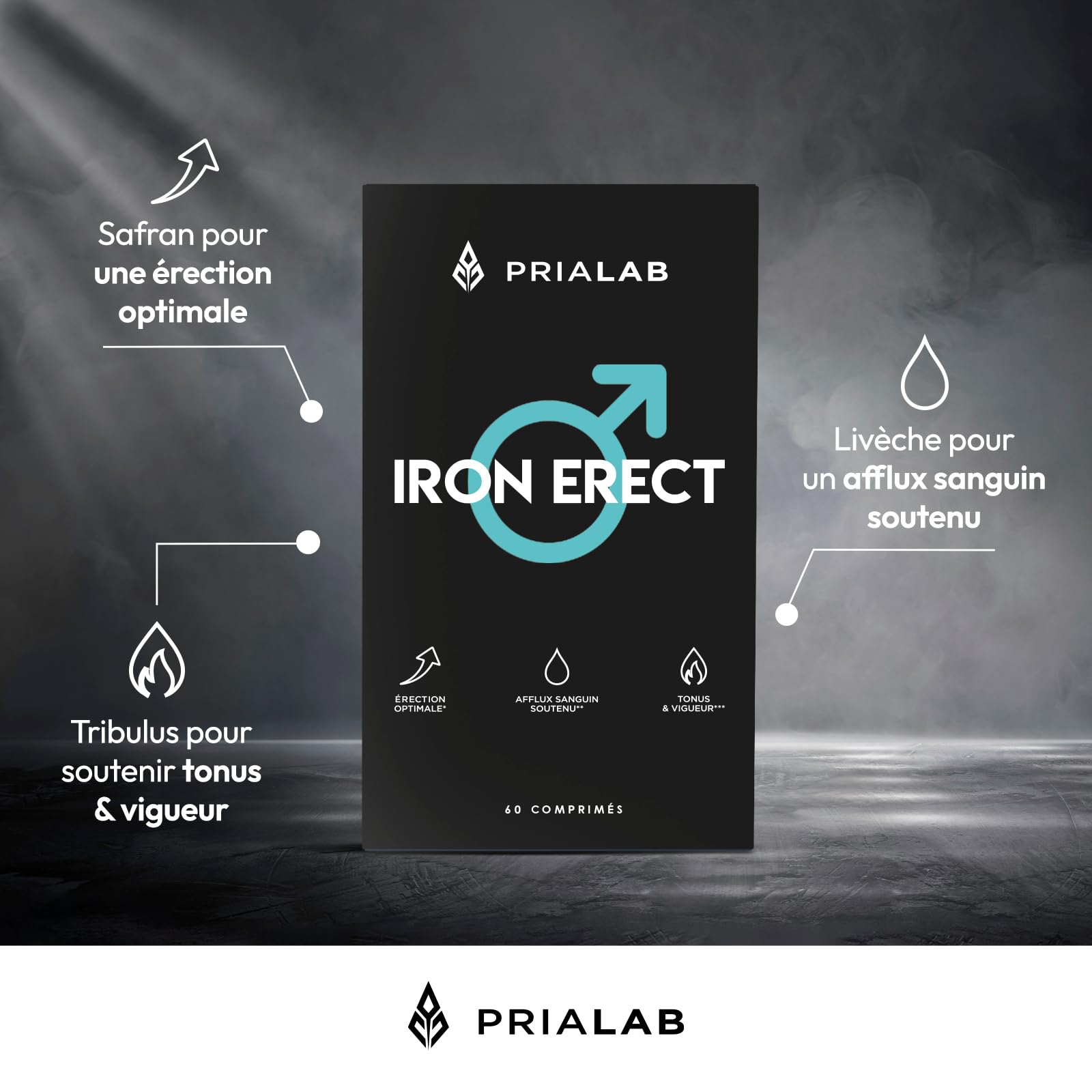 Iron Erect | Formule Virilité Homme | Tribulus, Safran, Ginseng, L-Arginine et Ginkgo | Energie | Aphrodisiaque Puissant | Circulation Sanguine | 60 Comprimés Vegan & Made in France | Prialab