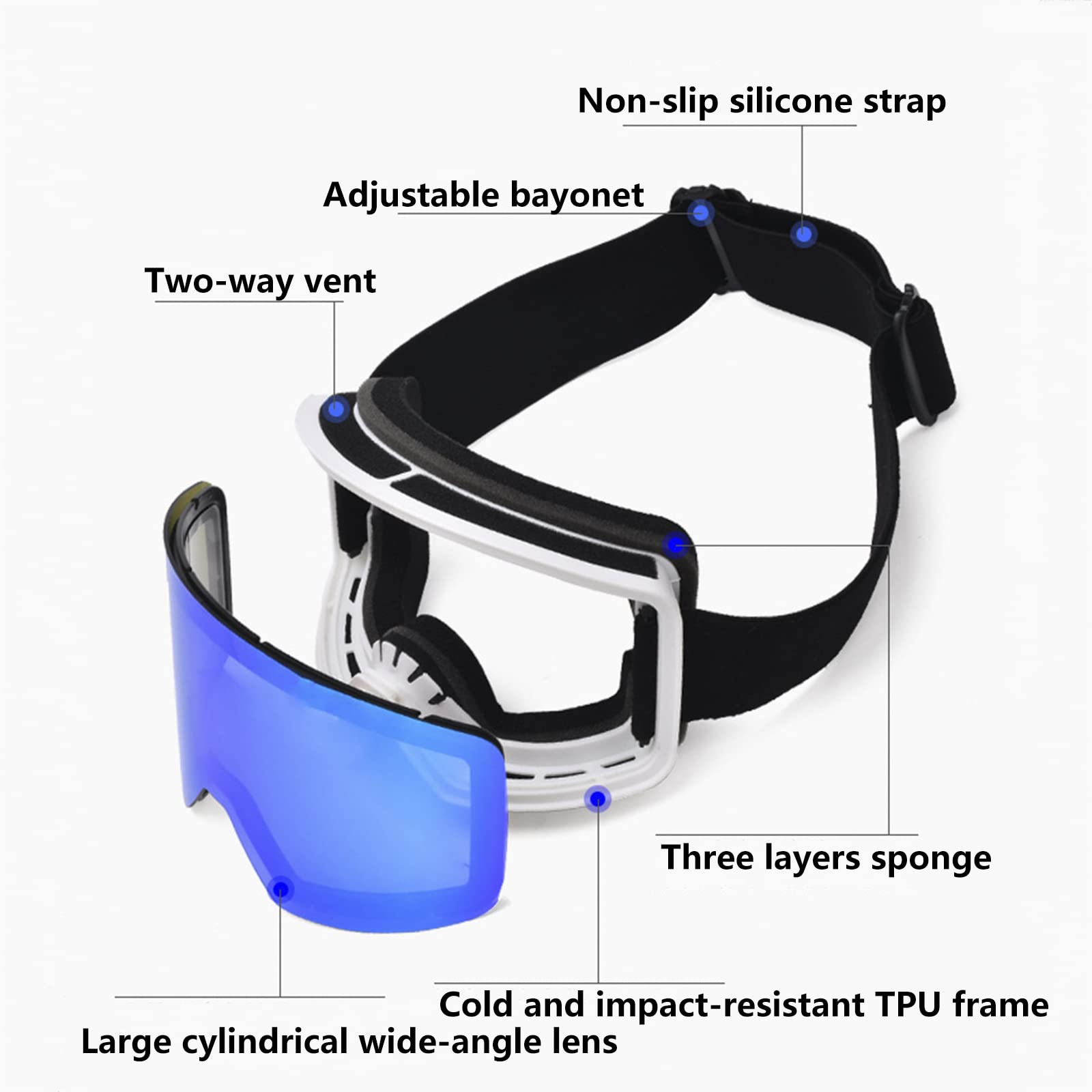 Lunettes de Ski OTG, Masque de Ski OTG 100% Protection UV400 Anti-buée, Masques de Snowboard pour Hommes & Femme avec Lentille détachable, Protection Lunettes Lens