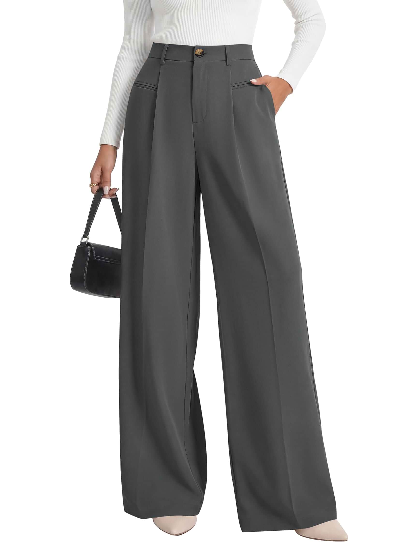 MASCOMODA Womens Wide Leg Dress Pants Pleated Work Trousers Button & Zipper, Mock Front, Functional Side Pockets, High Waist, Elastic Back, Palazzo Work Pants, Business Casual Outfits