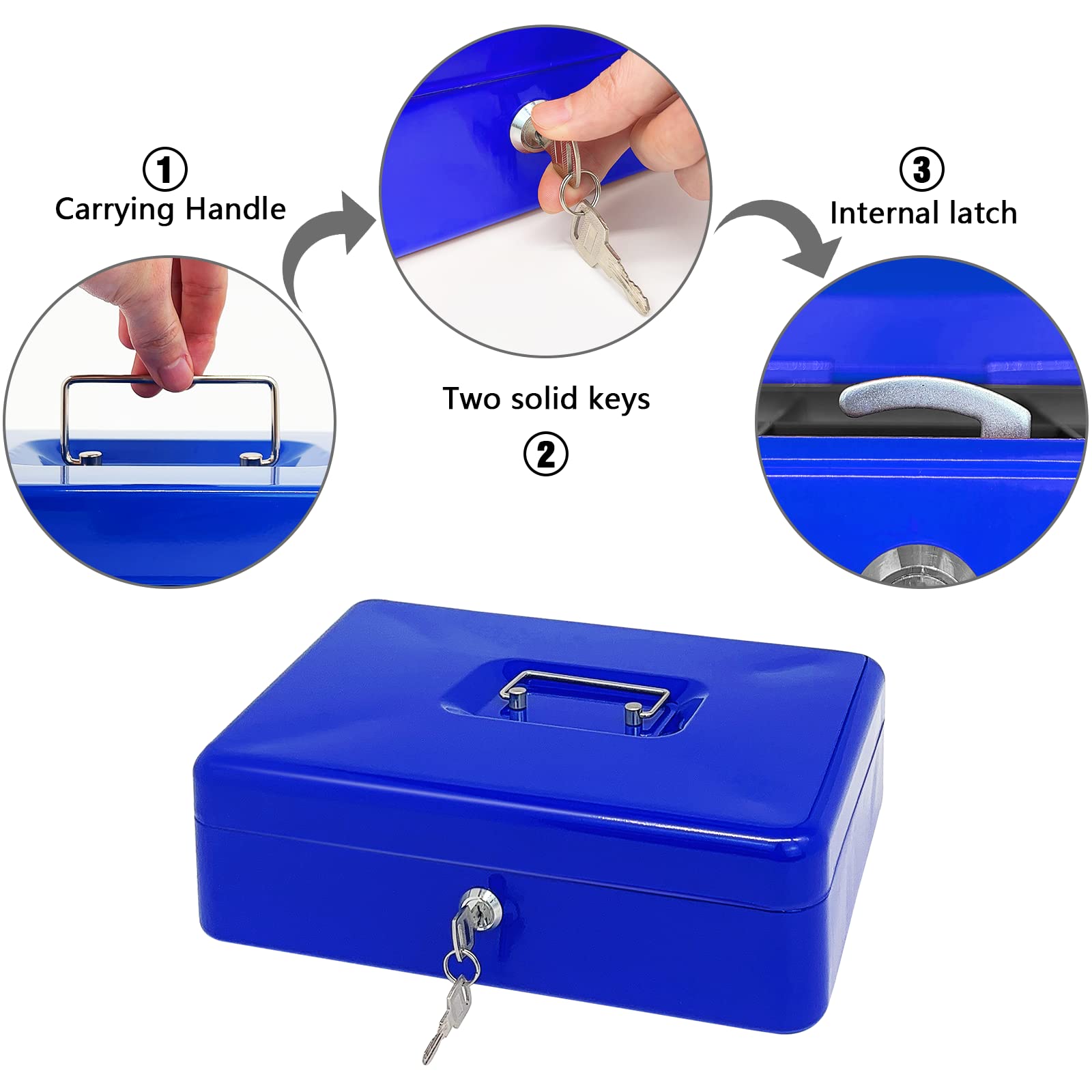 Cassa in acciaio con serratura a chiave, piccolo organizer in metallo con vassoio di denaro, scatola portaoggetti con coperchio chiudibile (blu - 30,5 cm)